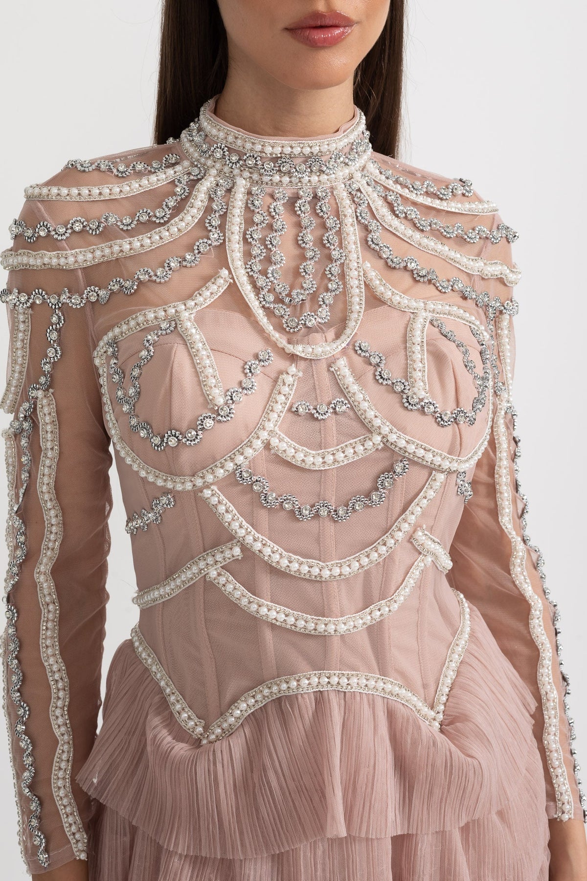 Elegant Long Sleeved Dress With Layered Ruffled Skirt And Intricate Sparkling Embellishments - Pink