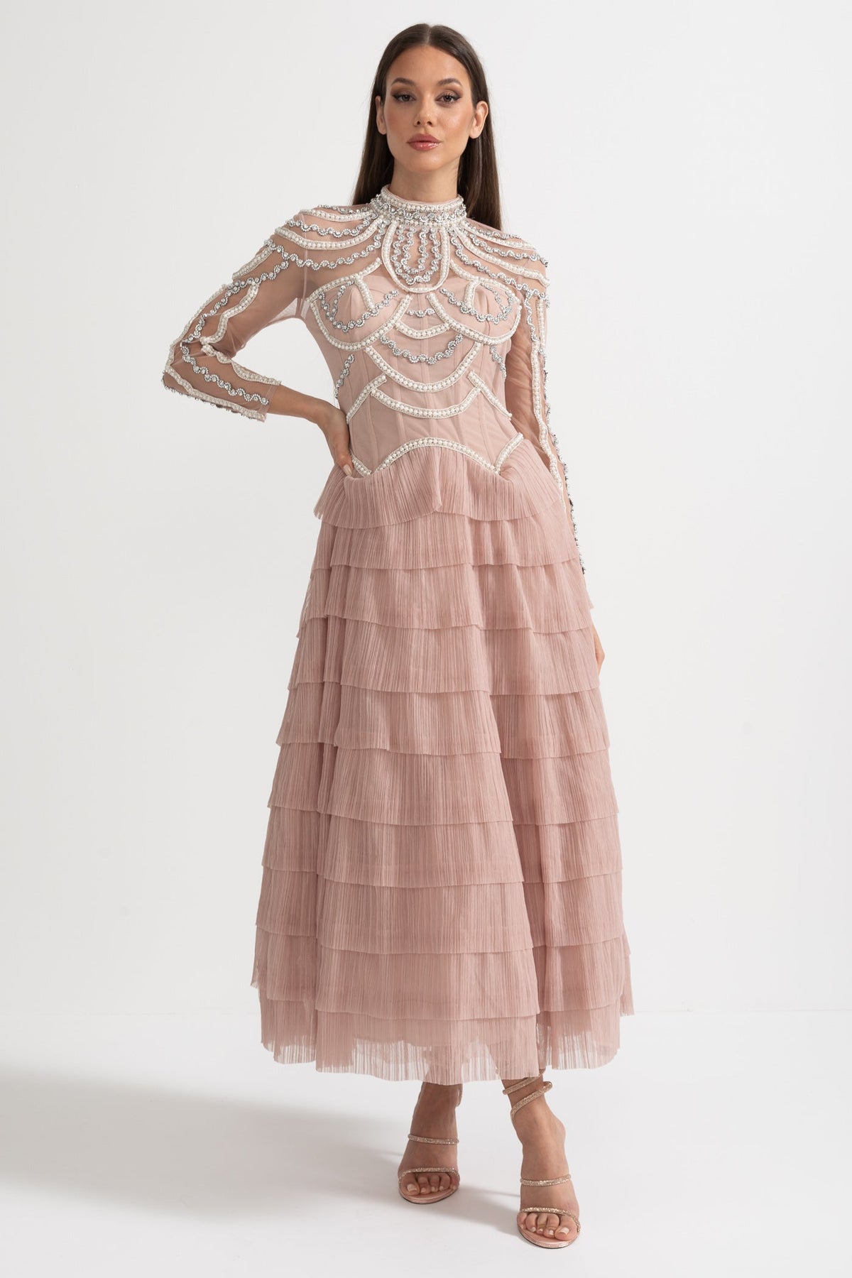 Elegant Long Sleeved Dress With Layered Ruffled Skirt And Intricate Sparkling Embellishments - Pink