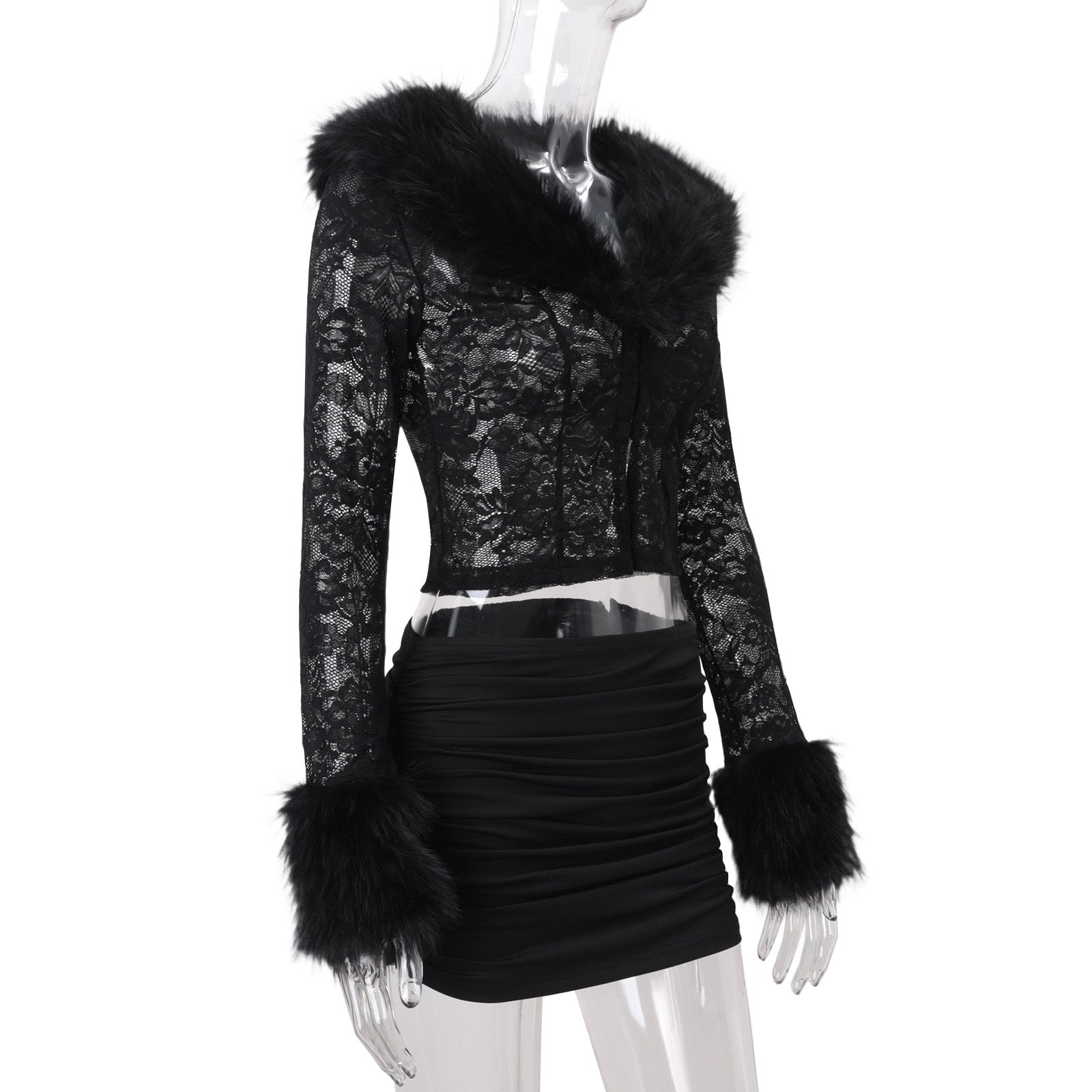 CELIA Faux Fur-Trim Lace Cardigan and skirt set in Jet Black