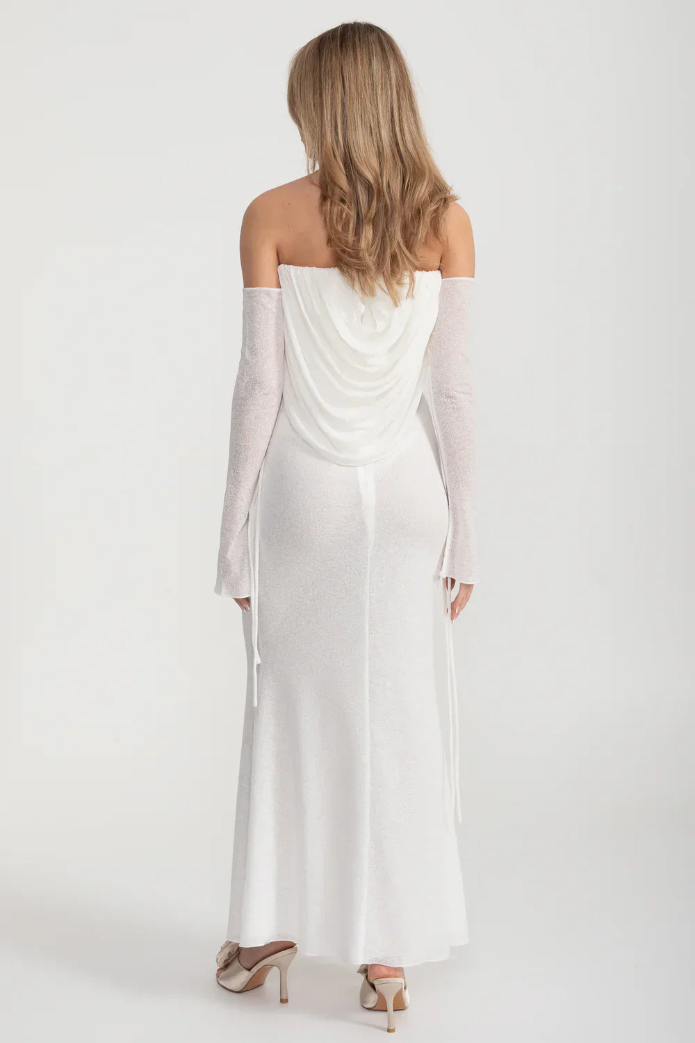 Elegant Flowing Dress With Long Sleeves, Top Draping And Central Rose Adornment - White