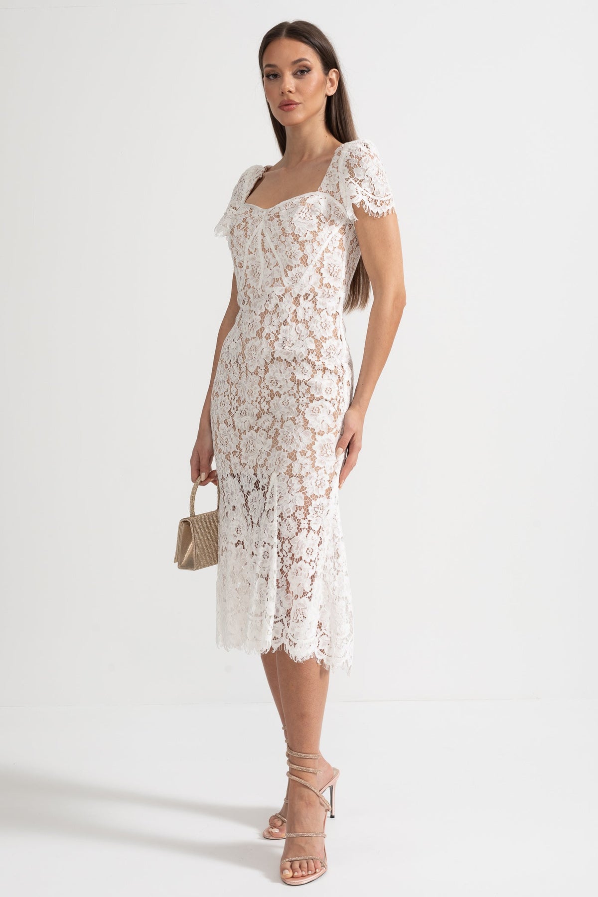 Short Sleeved Lace Dress With Delicate Matching Waist Belt - White