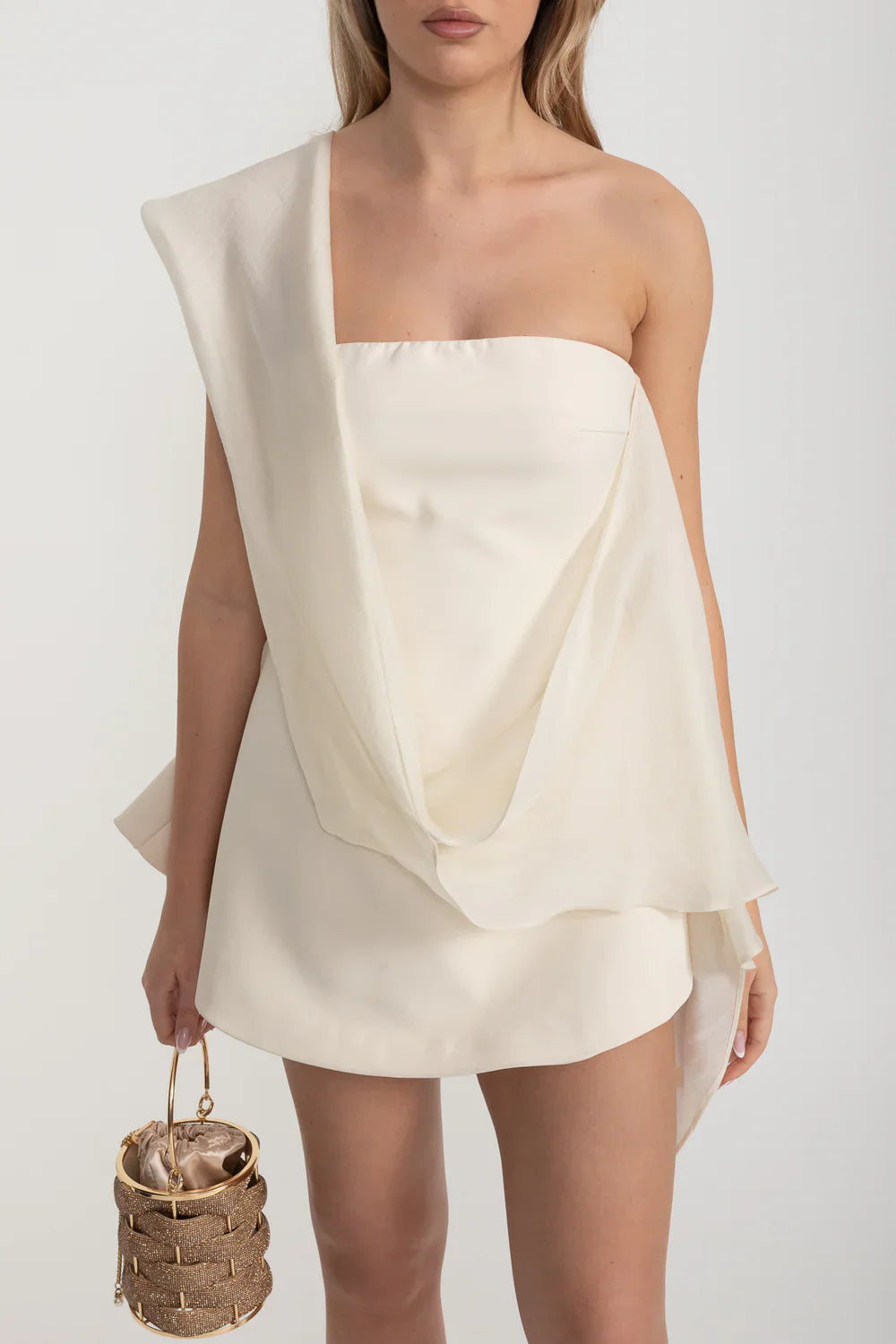Strapless Fitted Mini Dress With Flared Skirt And Draping Scarf Attachment - Ivoire