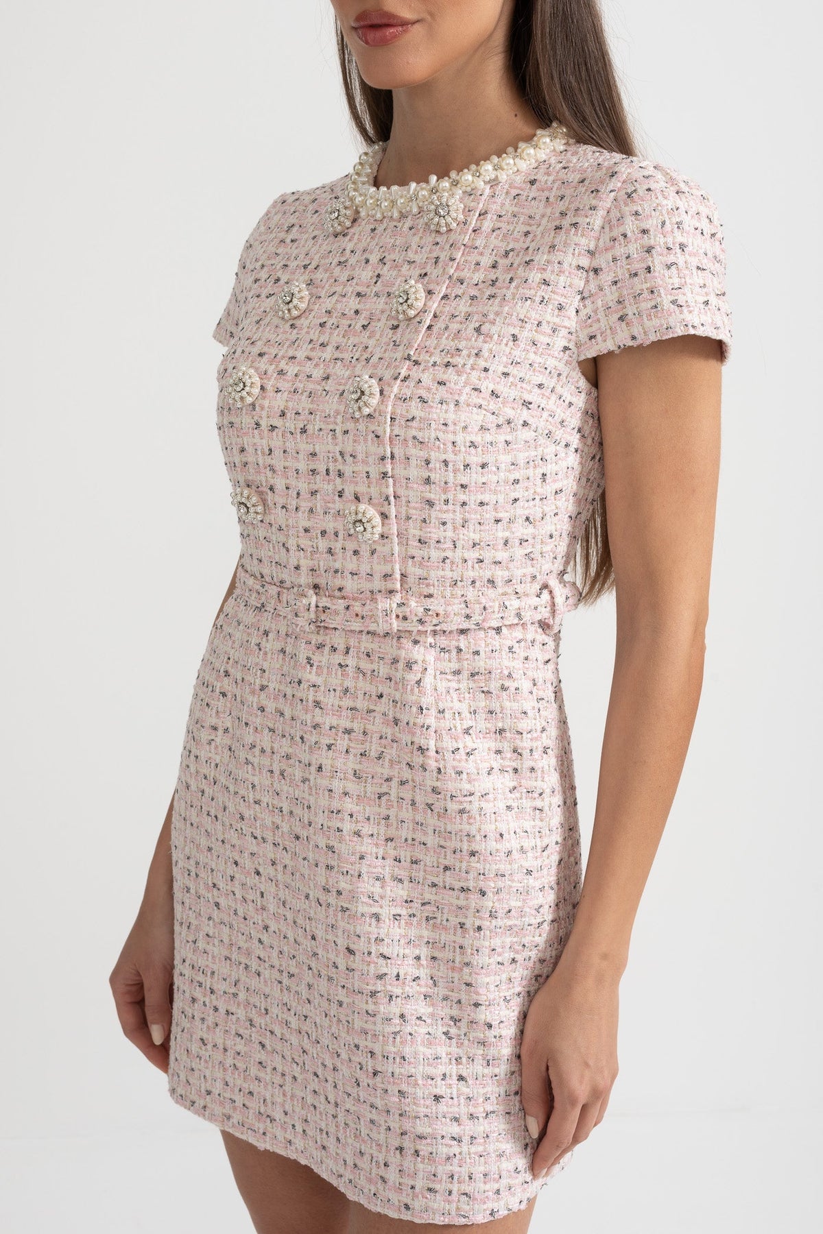 Elegant Textured Mini Dress With Short Sleeves And Matching Belt - Pink