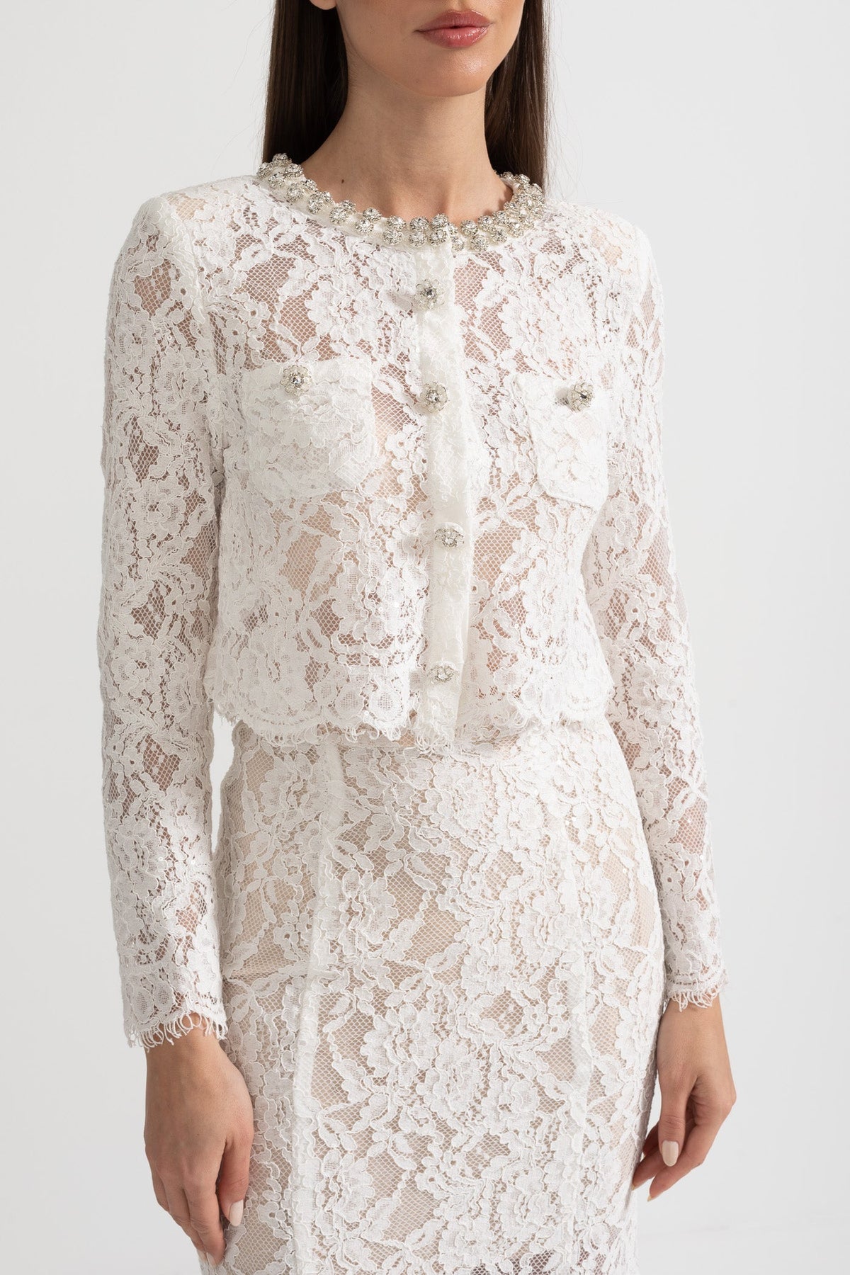 Lace Co-Ord With Sparkling Neckline Embellishments And Midi Skirt - White