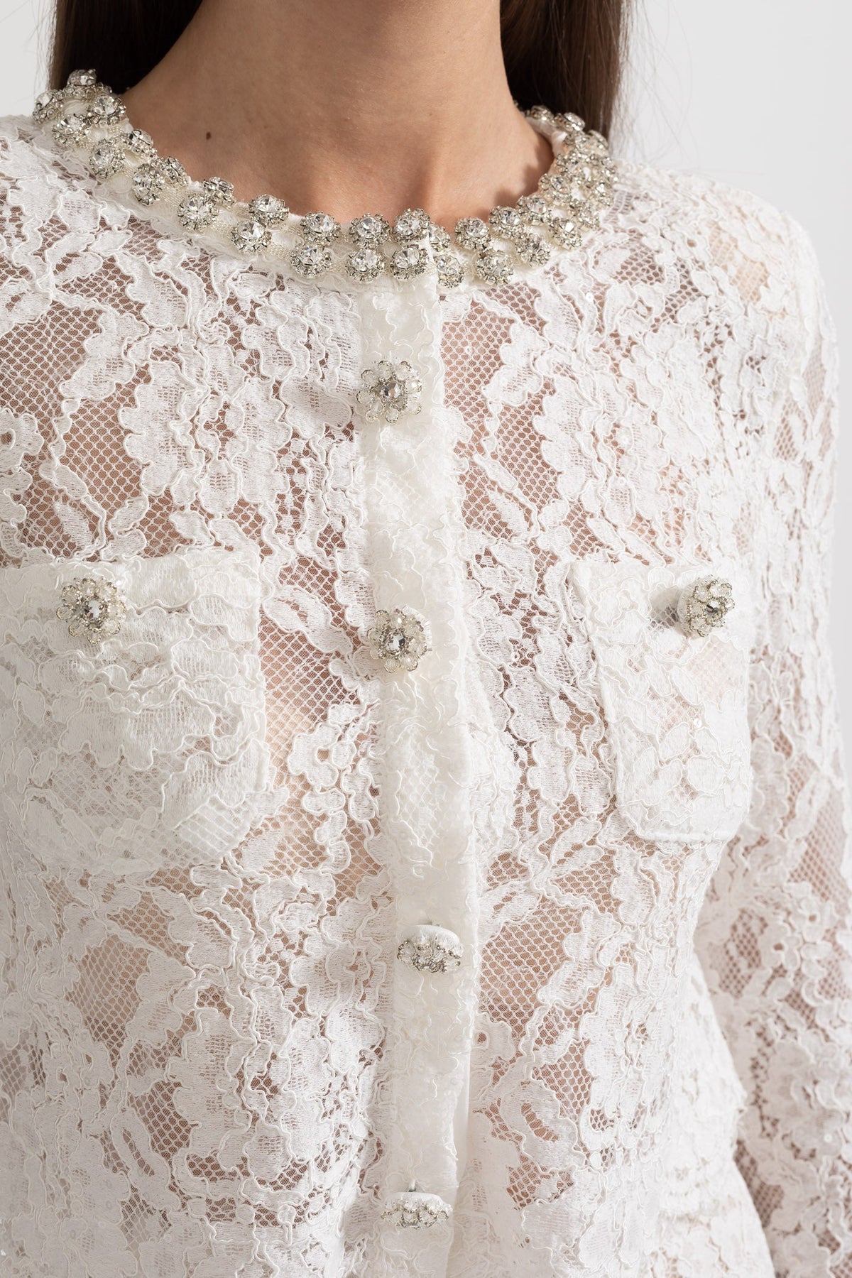 Lace Co-Ord With Sparkling Neckline Embellishments And Midi Skirt - White