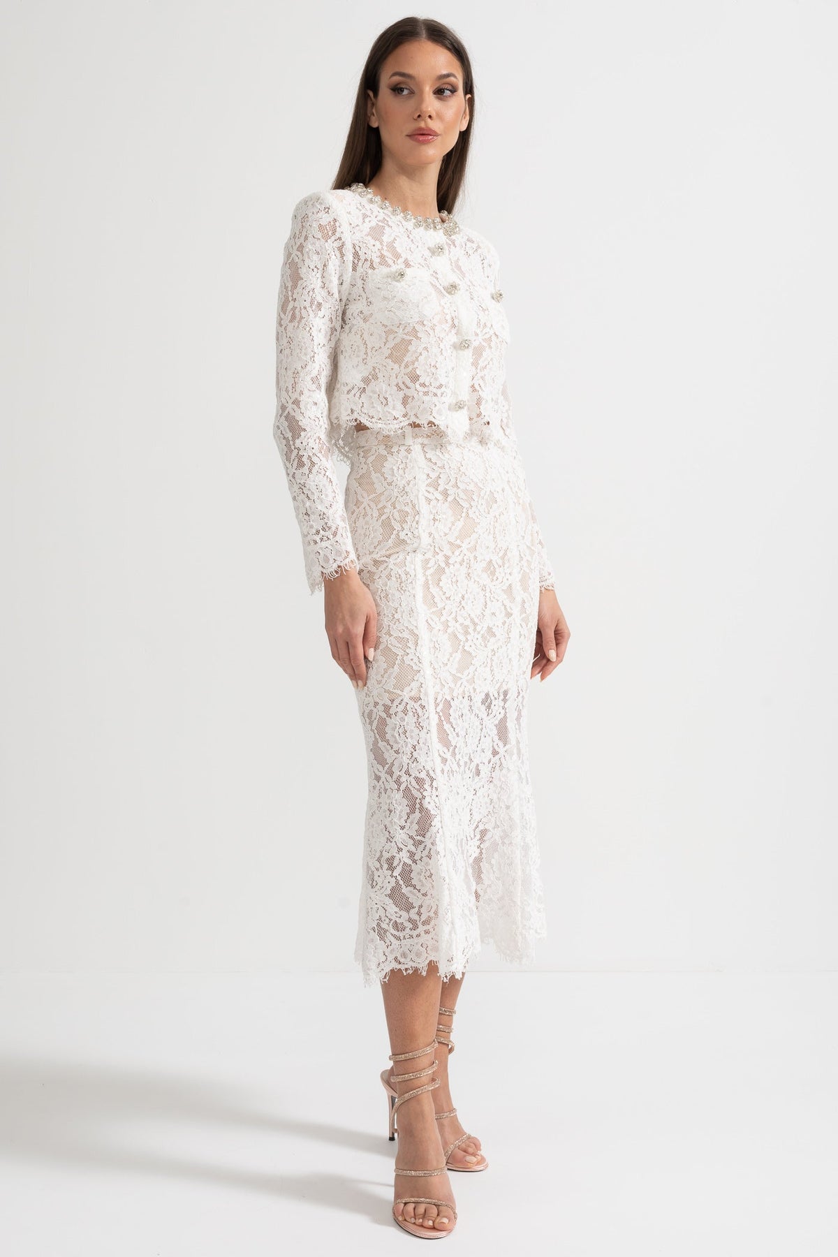 Lace Co-Ord With Sparkling Neckline Embellishments And Midi Skirt - White