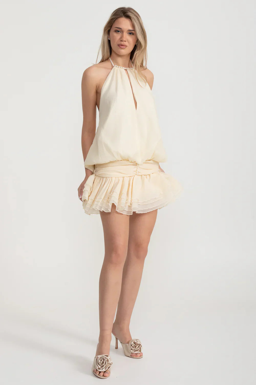 Mini Halter Dress With Oversized Billowy Silhouette And Layered Ruffled Skirt - Ivoire