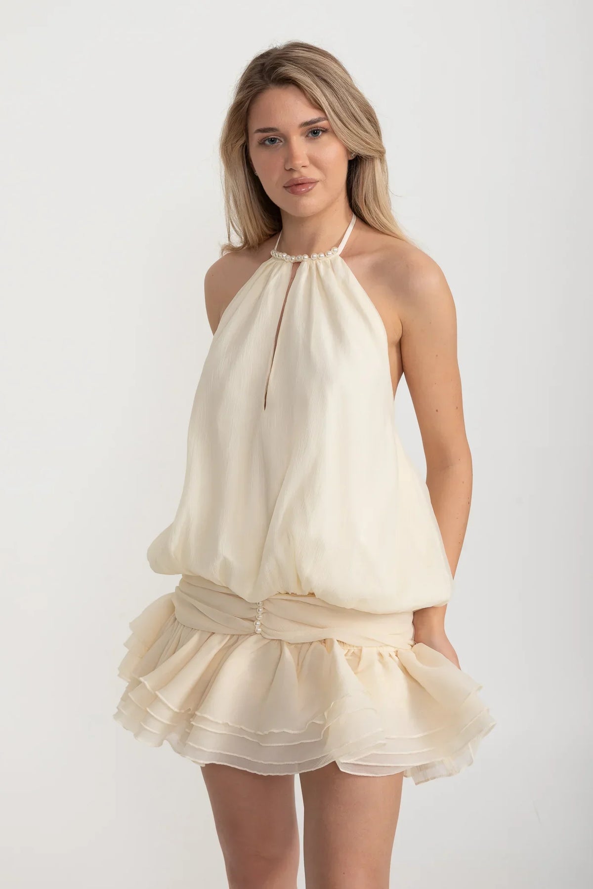 Mini Halter Dress With Oversized Billowy Silhouette And Layered Ruffled Skirt - Ivoire
