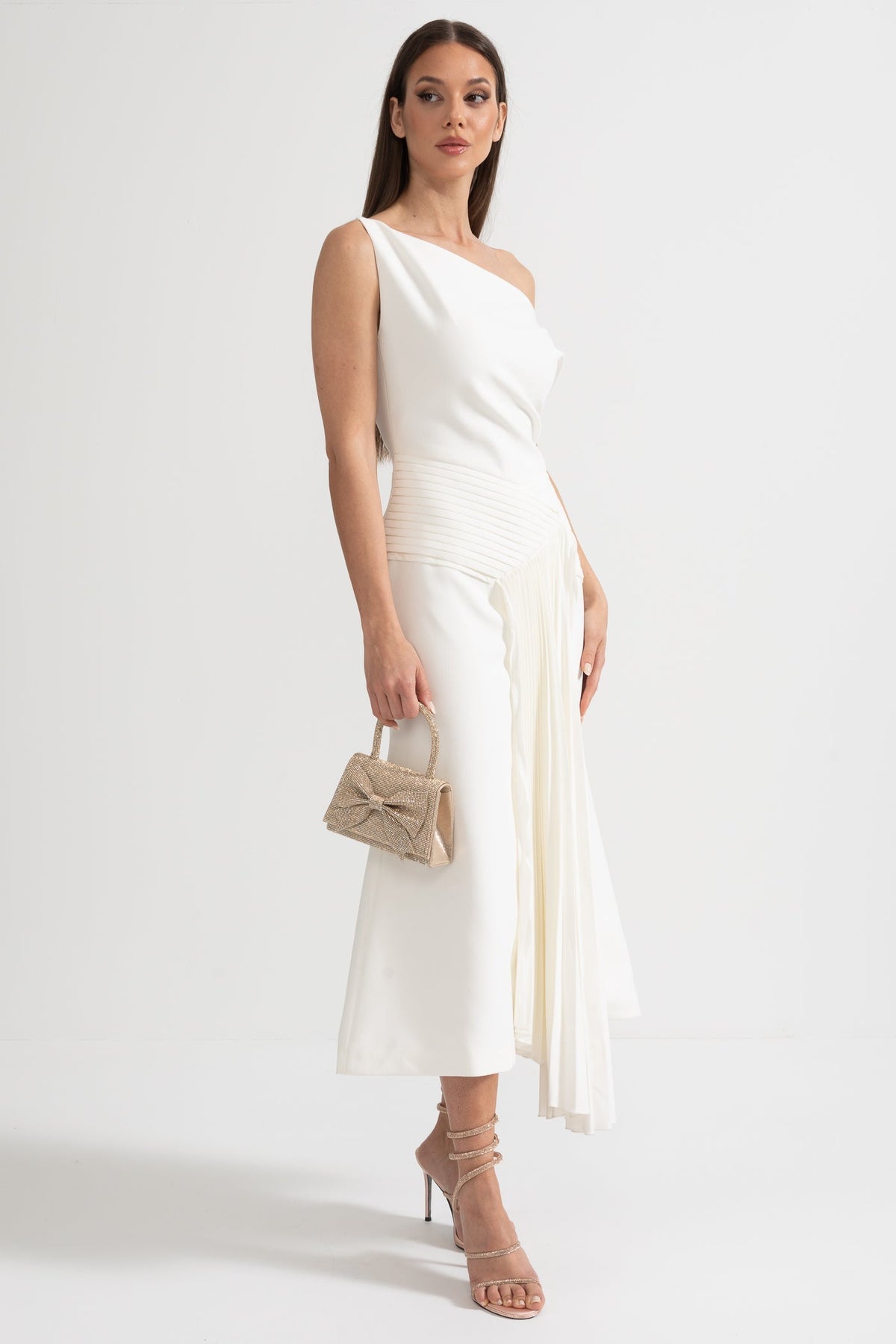 Off-Shoulder Midi Dress With Pleated Waist Detailing - White