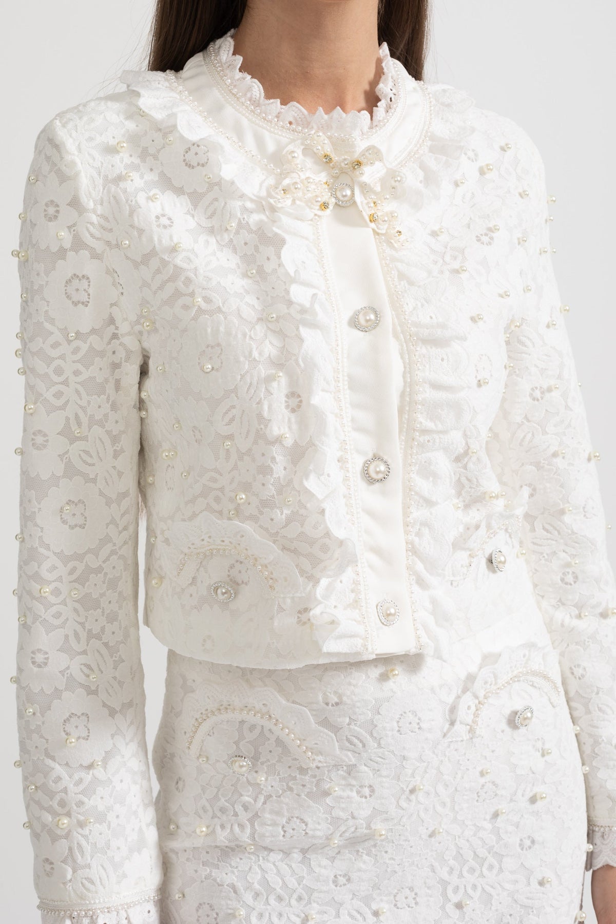 Elegant Two-Piece Ensemble With Exquisite Pearl Embellishments - White