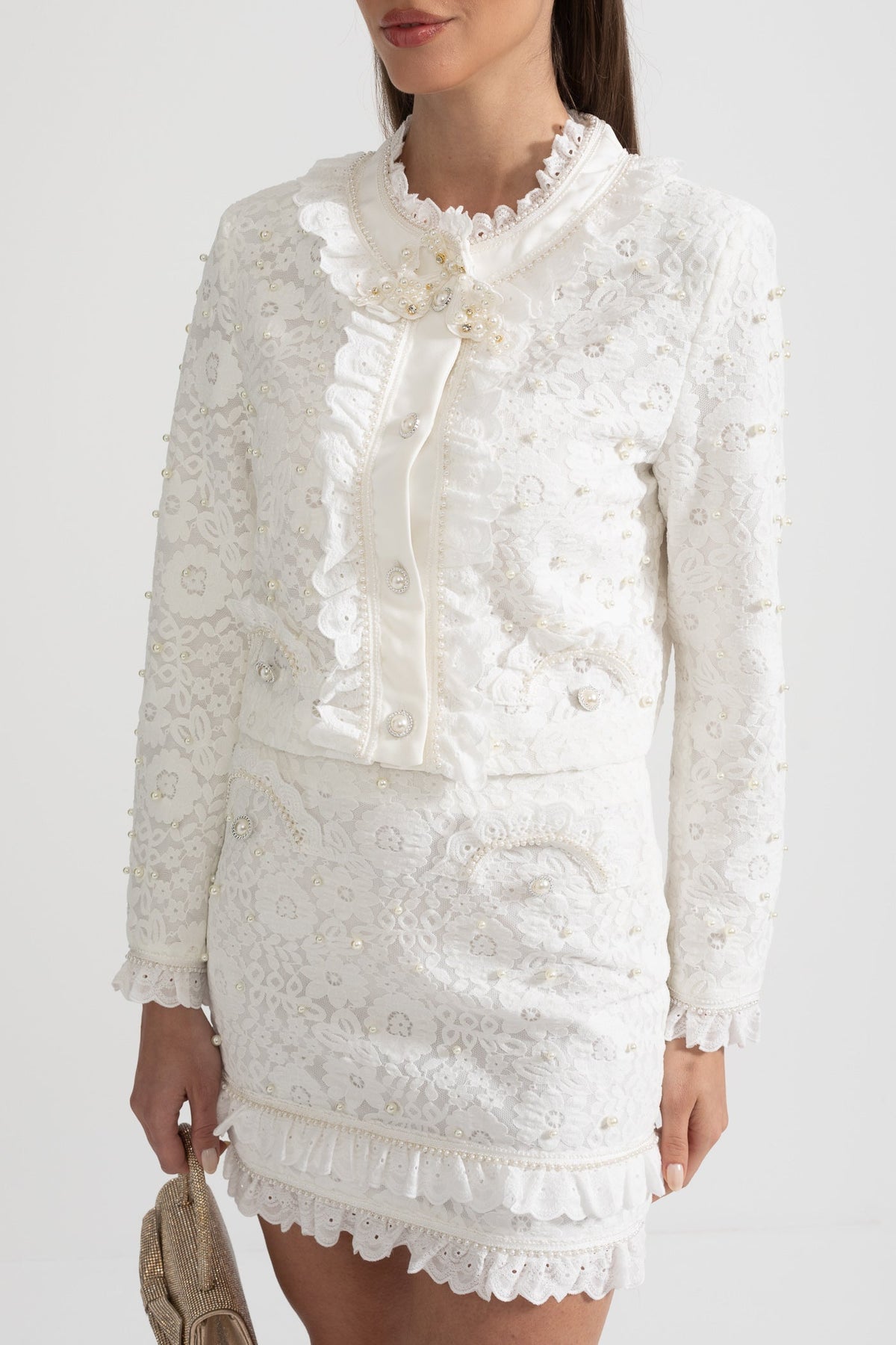 Elegant Two-Piece Ensemble With Exquisite Pearl Embellishments - White