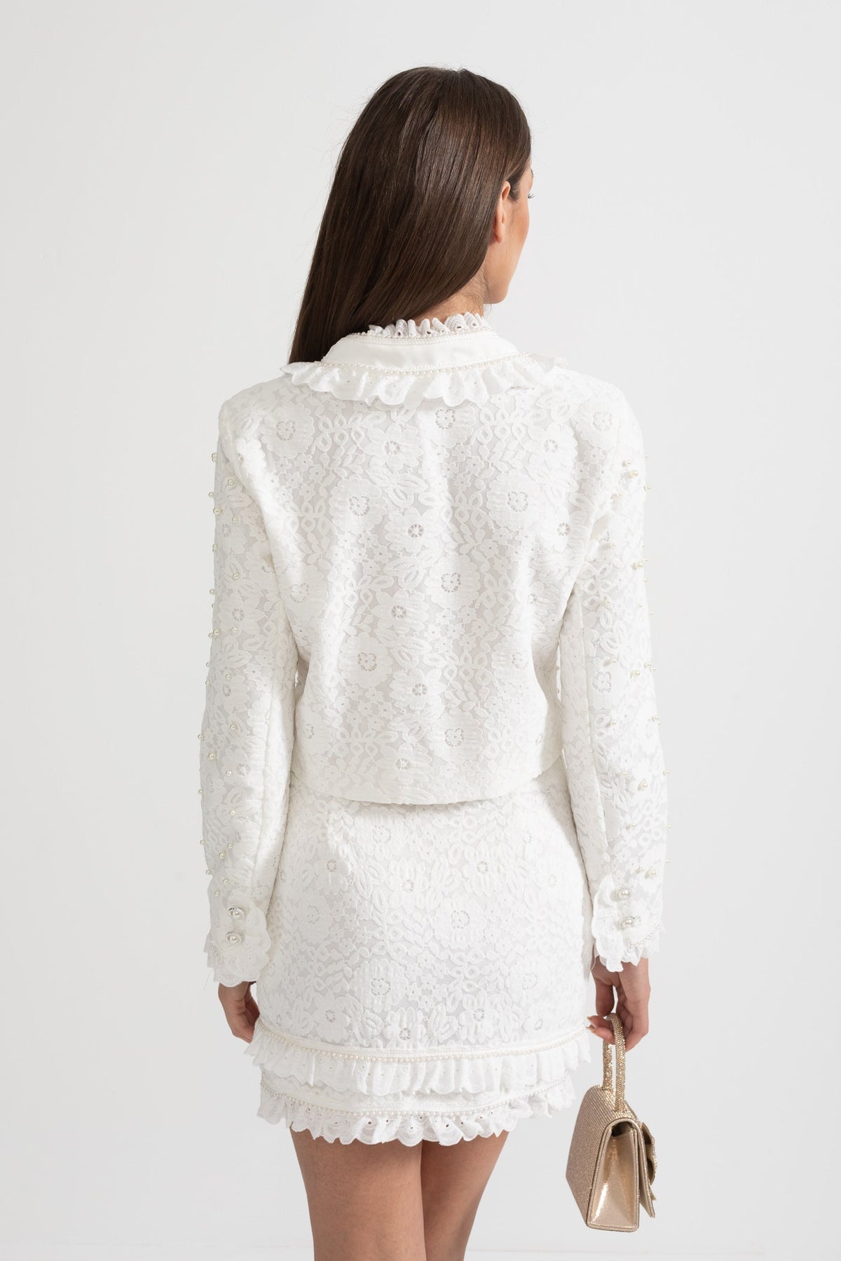 Elegant Two-Piece Ensemble With Exquisite Pearl Embellishments - White