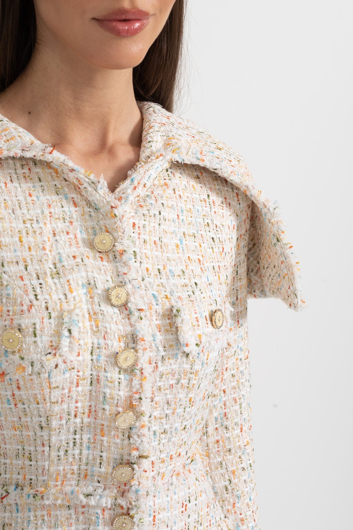 Long Sleeved Textured Tweed Dress With Distinctive Large Shoulder Flaps - Ivoire