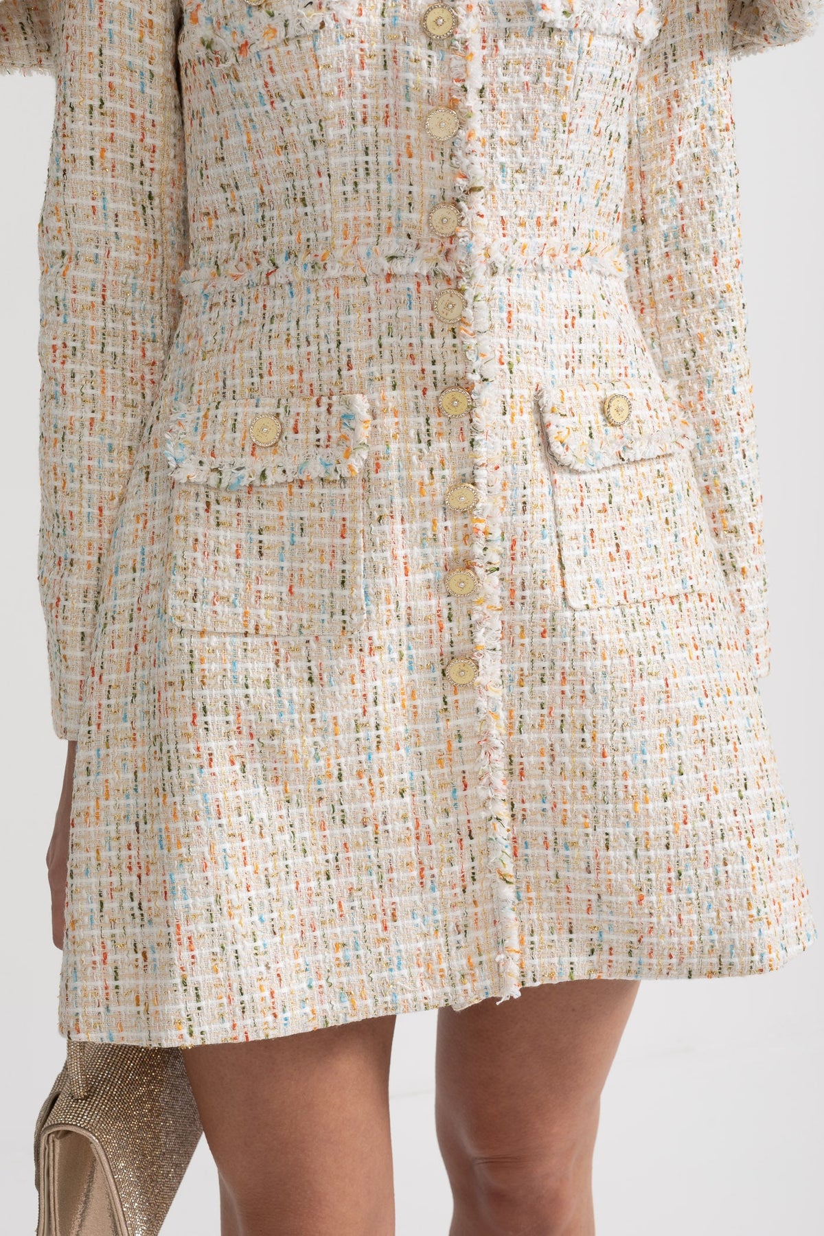 Long Sleeved Textured Tweed Dress With Distinctive Large Shoulder Flaps - Ivoire