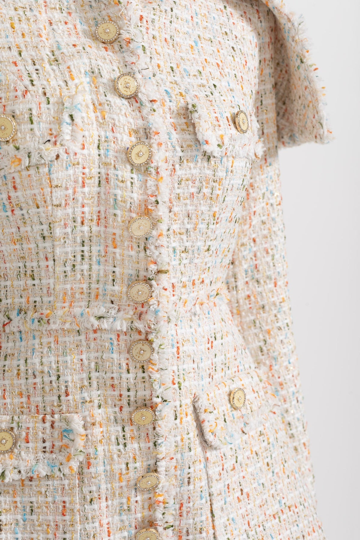Long Sleeved Textured Tweed Dress With Distinctive Large Shoulder Flaps - Ivoire
