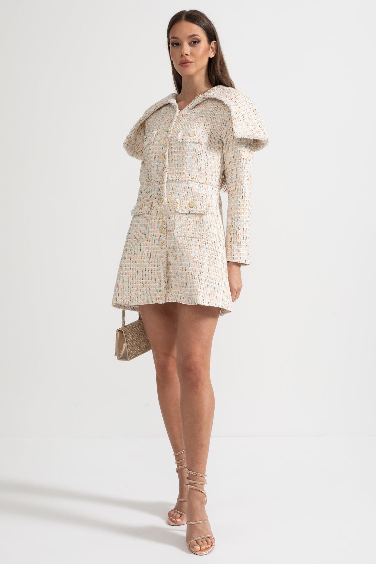 Long Sleeved Textured Tweed Dress With Distinctive Large Shoulder Flaps - Ivoire