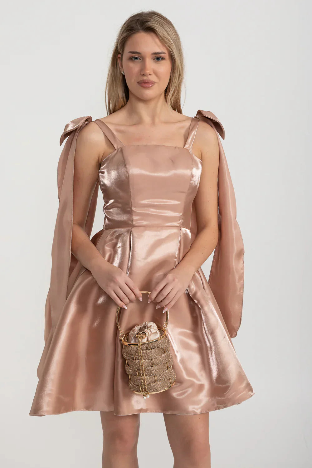 Elegant Satin Fitted Dress With Flared Skirt And Decorative Shoulder Bow Accents - Brown