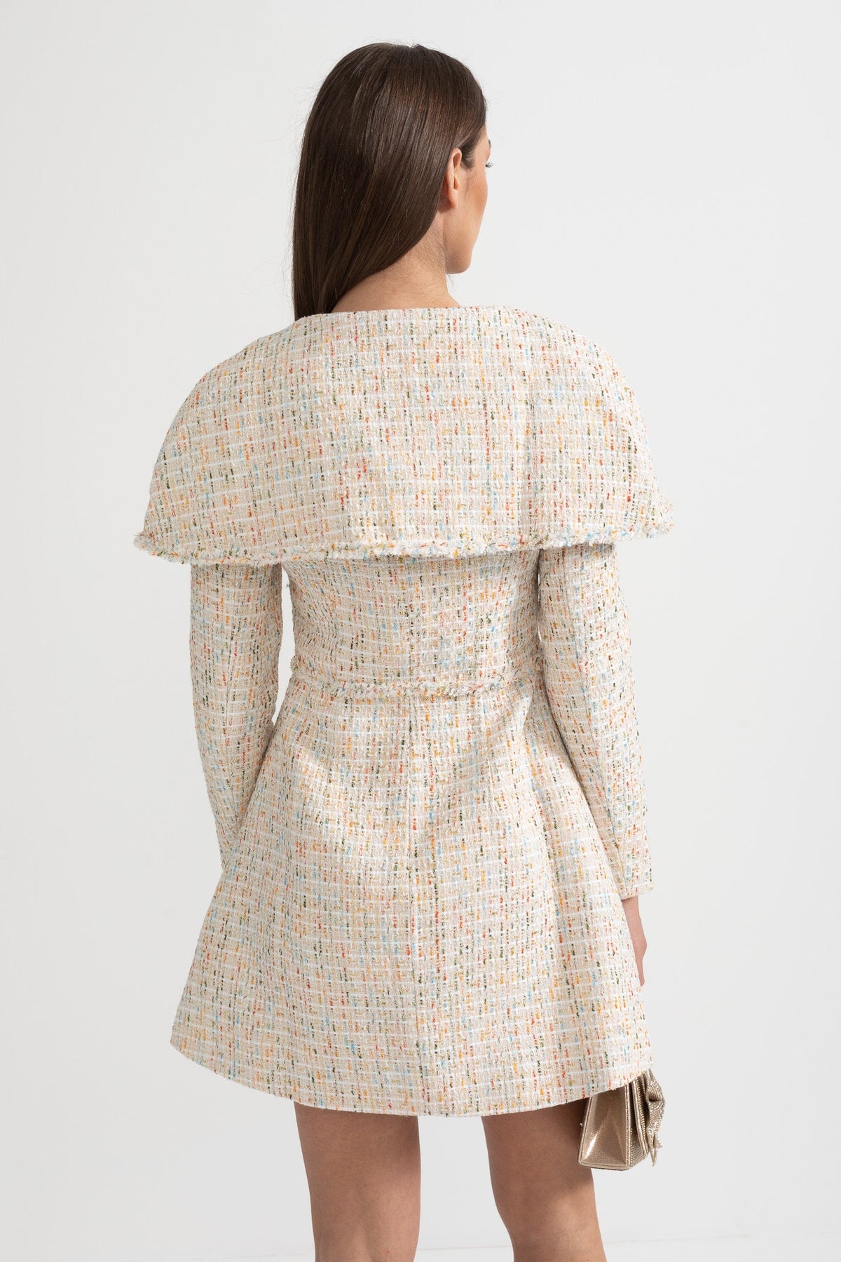 Long Sleeved Textured Tweed Dress With Distinctive Large Shoulder Flaps - Ivoire