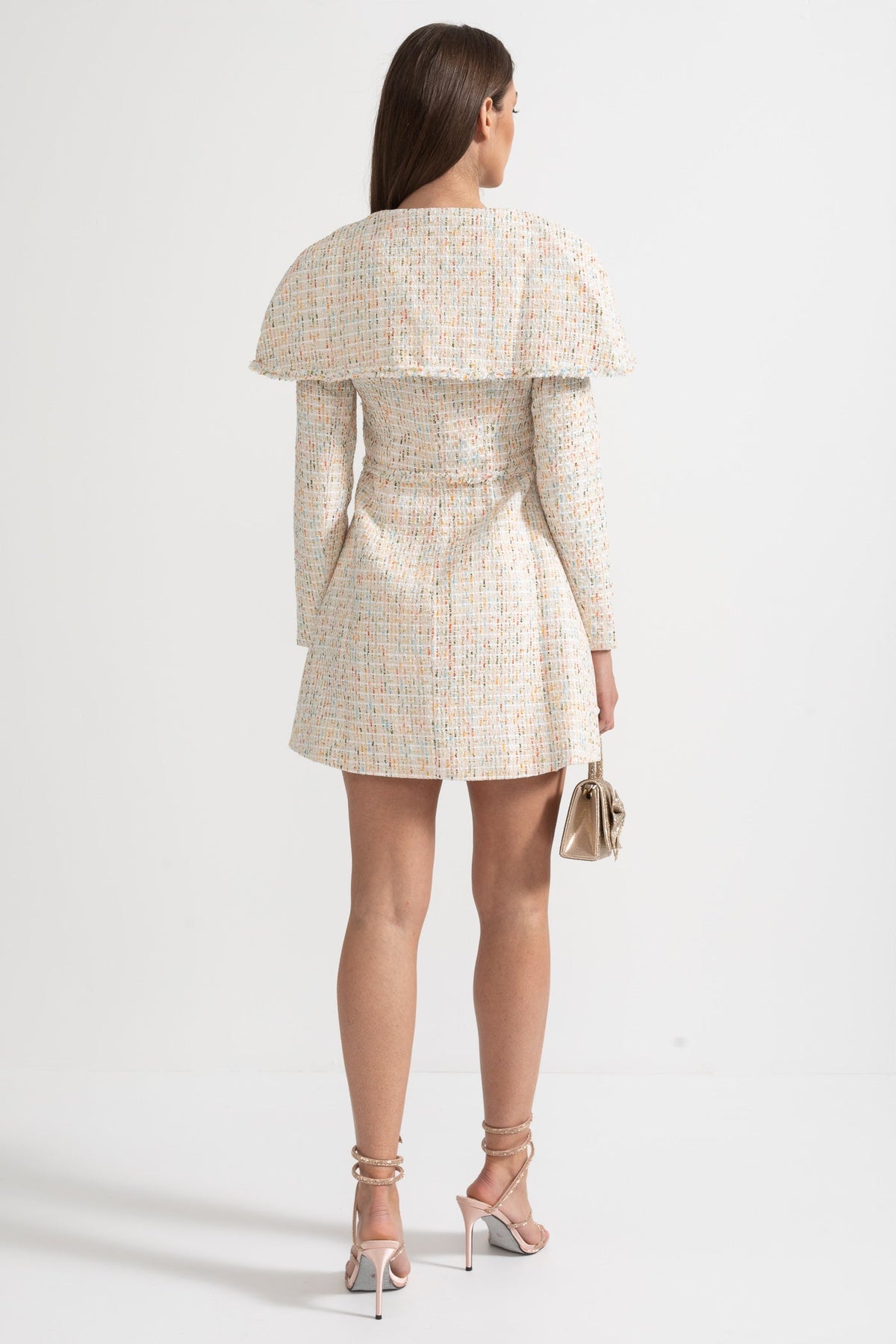 Long Sleeved Textured Tweed Dress With Distinctive Large Shoulder Flaps - Ivoire