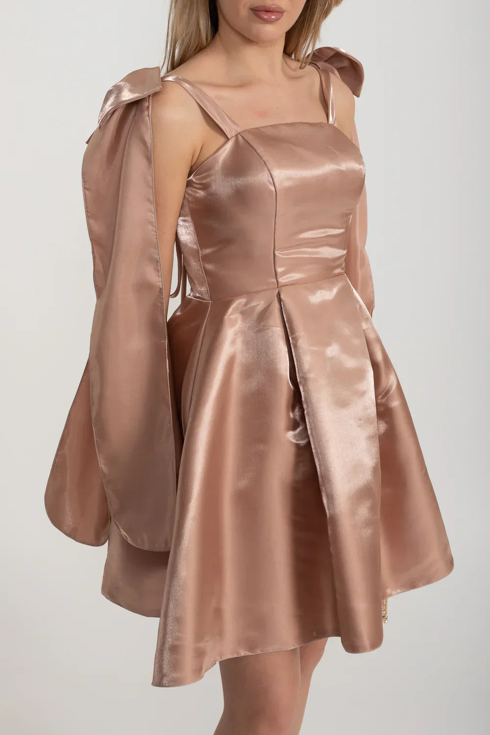 Elegant Satin Fitted Dress With Flared Skirt And Decorative Shoulder Bow Accents - Brown