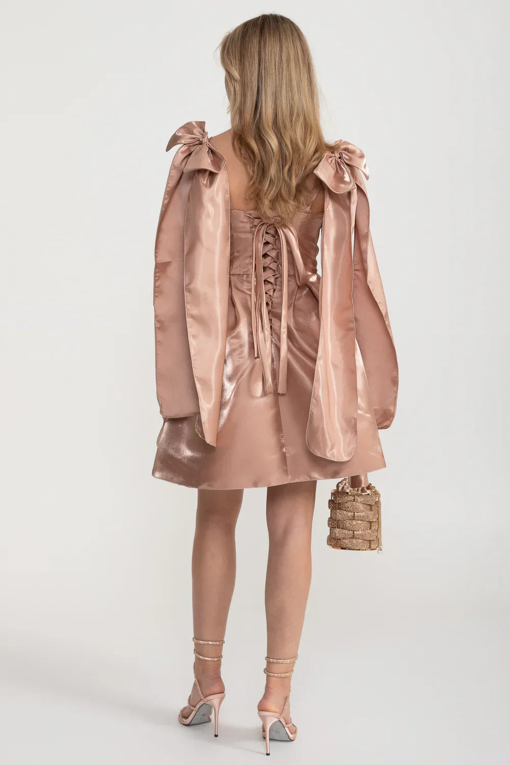 Elegant Satin Fitted Dress With Flared Skirt And Decorative Shoulder Bow Accents - Brown