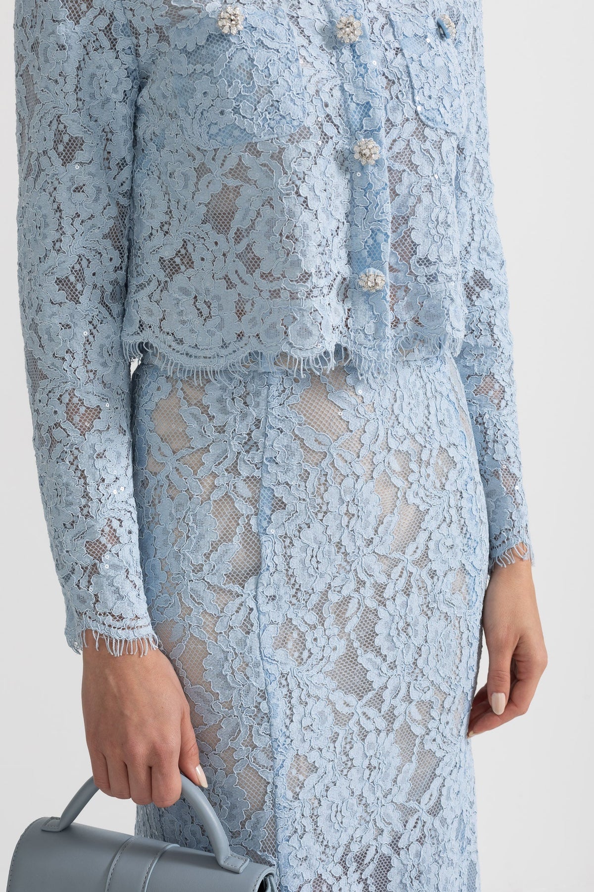 Lace Co-Ord With Sparkling Neckline Embellishments And Midi Skirt - Blue