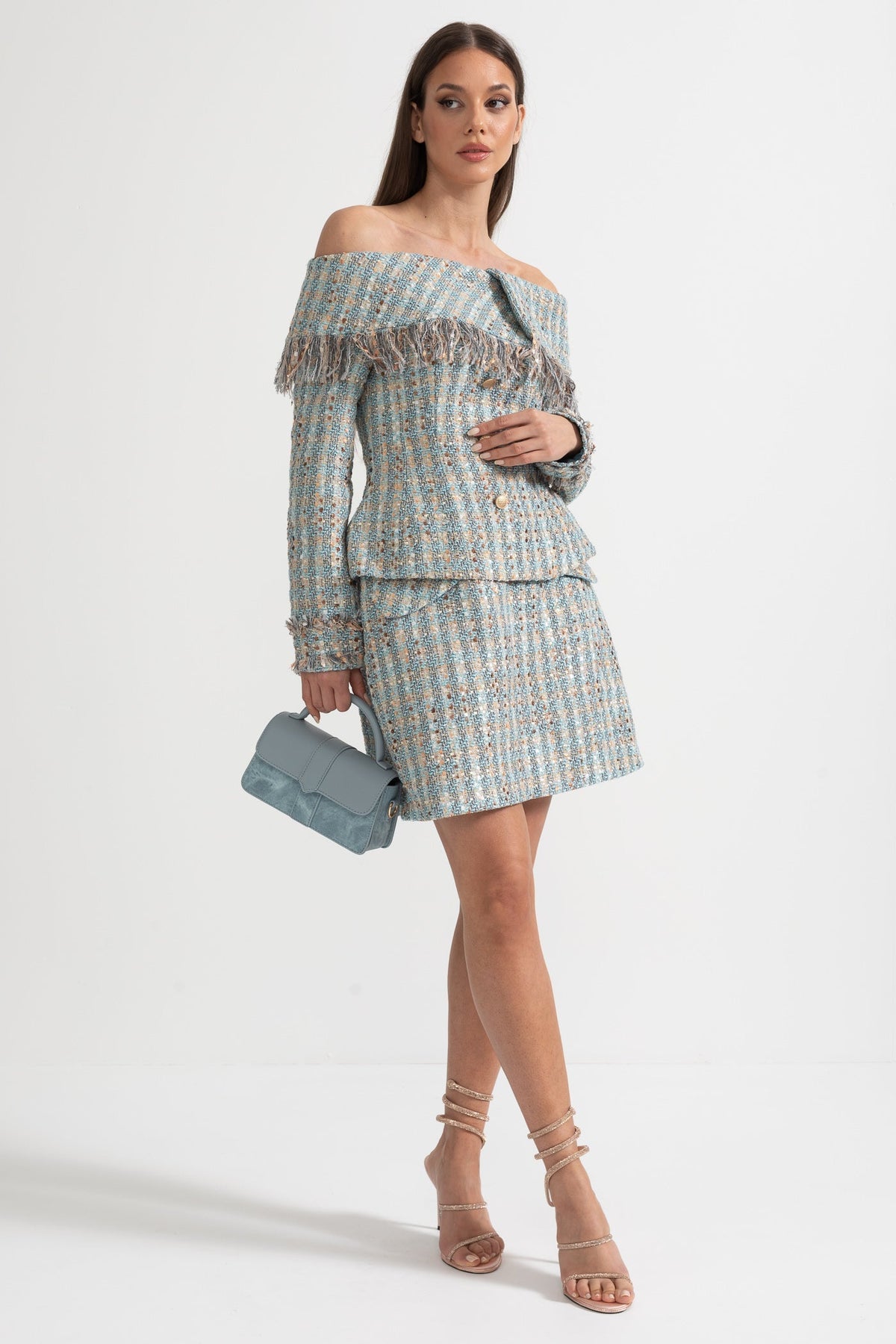 Madeleine Blue Plaid Tweed Set With Off-Shoulder Top And Coordinated Mini Skirt