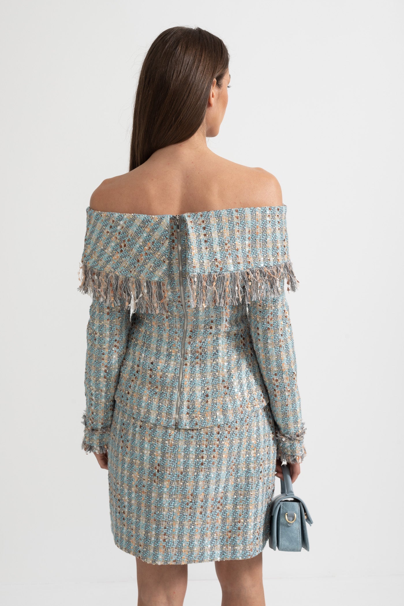 Plaid Tweed Set With Off-Shoulder Top And Coordinated Mini Skirt - Blue