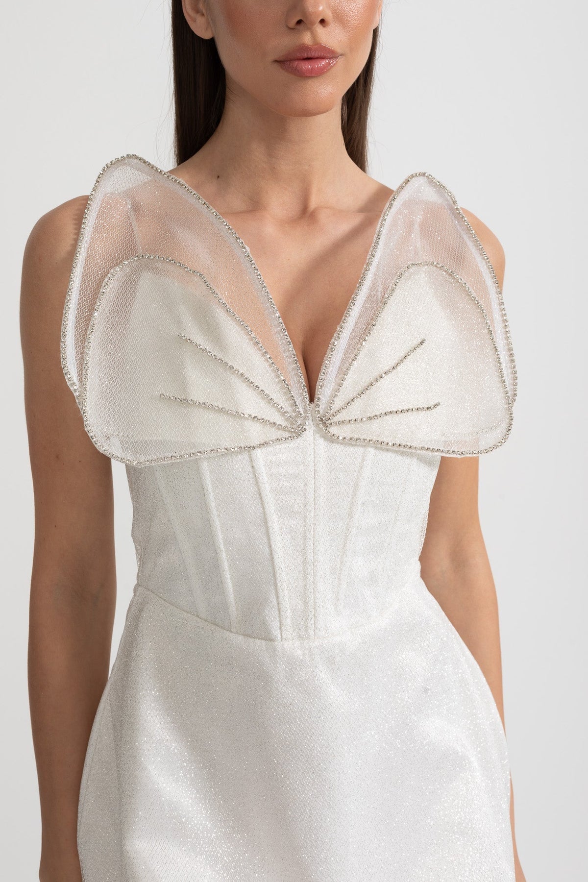Fitted Mini Dress With Structured Bodice And Sheer Organza Accents - White