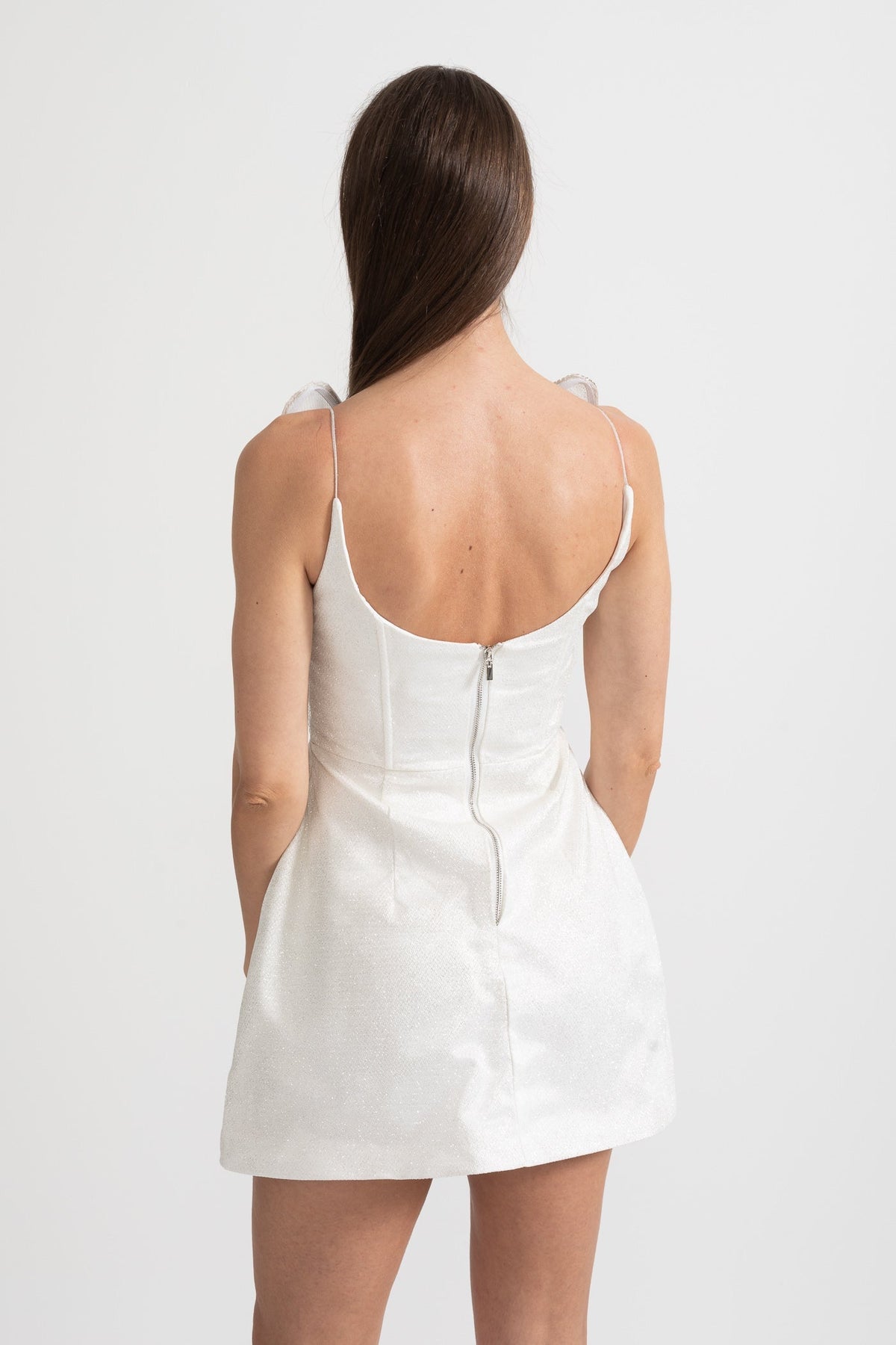 Fitted Mini Dress With Structured Bodice And Sheer Organza Accents - White