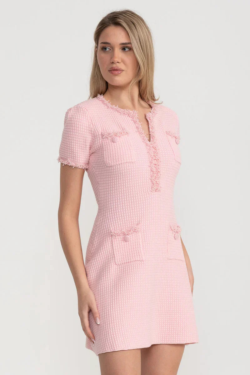 Tweed Mini Dress With Short Sleeves And Buttoned Front Closure - Pink Tweed Mini Dress With Short Sleeves And Buttoned Front Closure - Pink