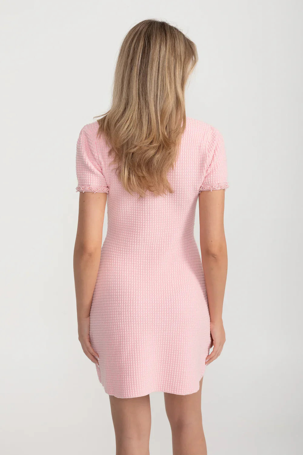 Tweed Mini Dress With Short Sleeves And Buttoned Front Closure - Pink