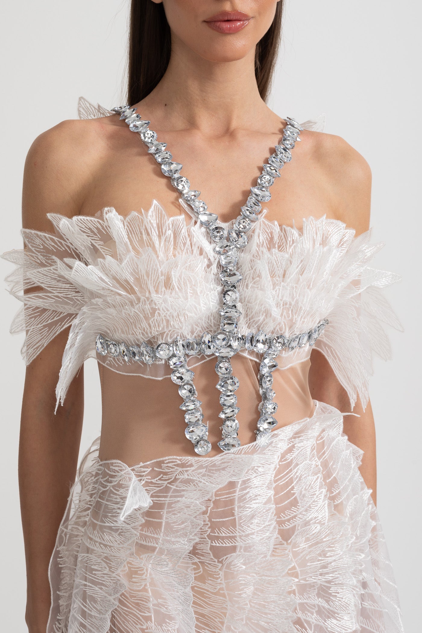 Ethereal Mini Dress With Sheer Wings Texture And Crystal Embellishments - White