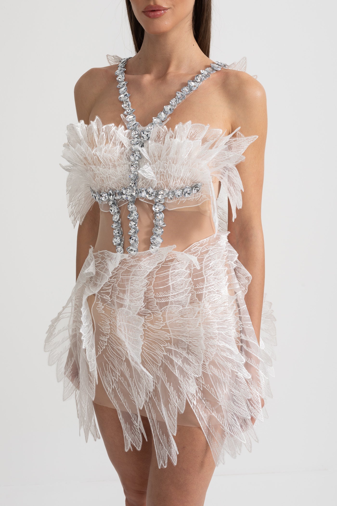 Ethereal Mini Dress With Sheer Wings Texture And Crystal Embellishments - White