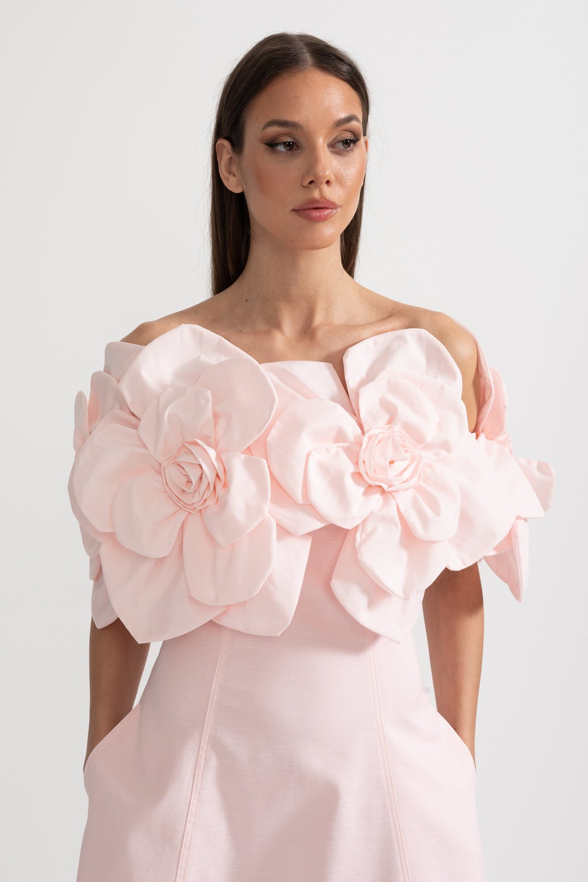 Off-Shoulder Midi Dress With Large Fabric Floral Accents - Pink