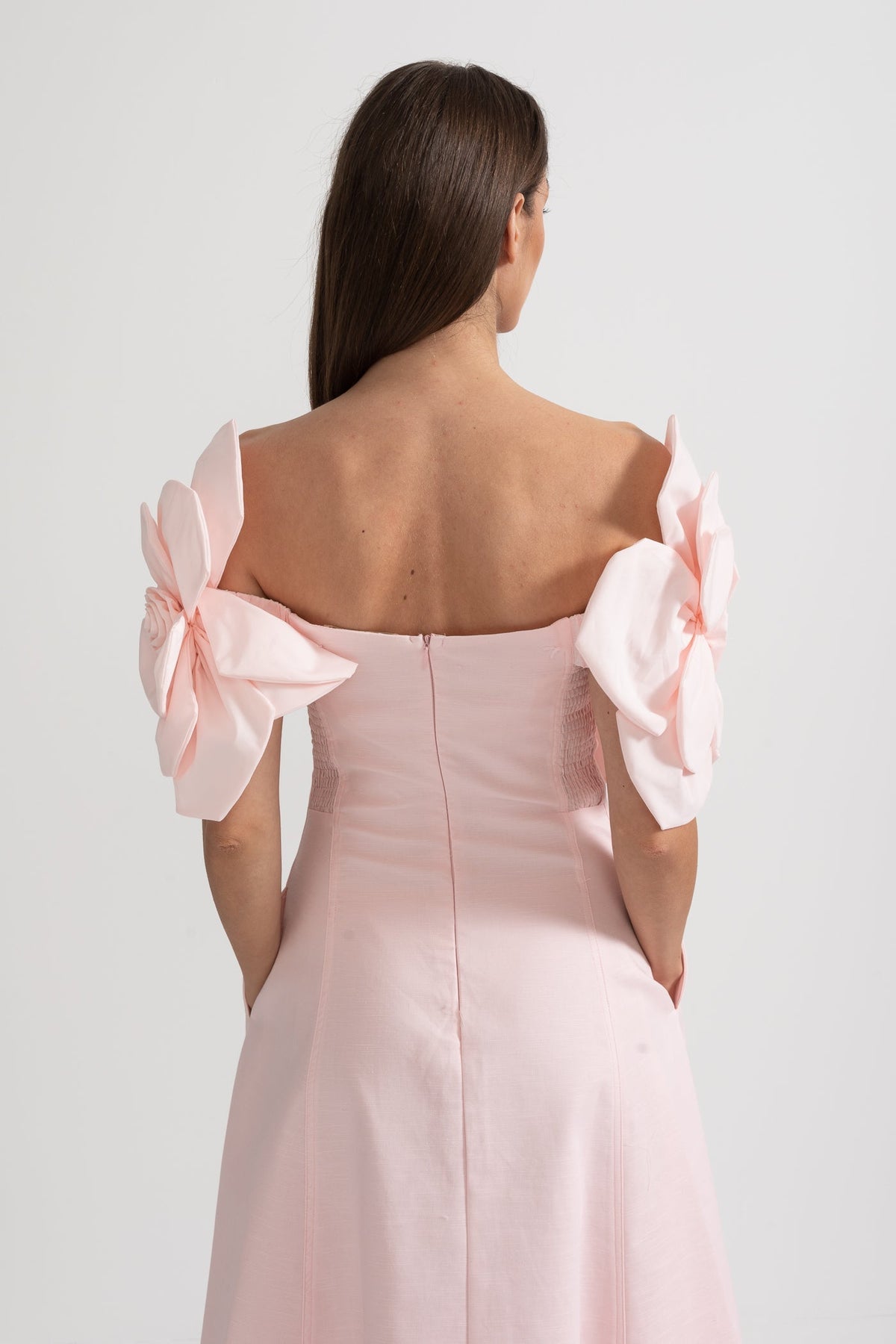 Off-Shoulder Midi Dress With Large Fabric Floral Accents - Pink