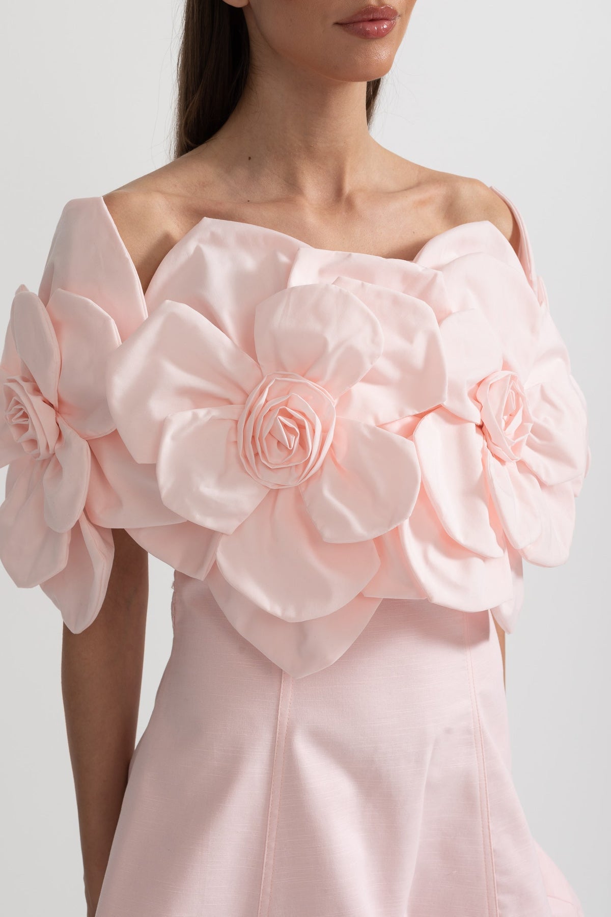 Off-Shoulder Mini Dress With Large Fabric Floral Accents - Pink