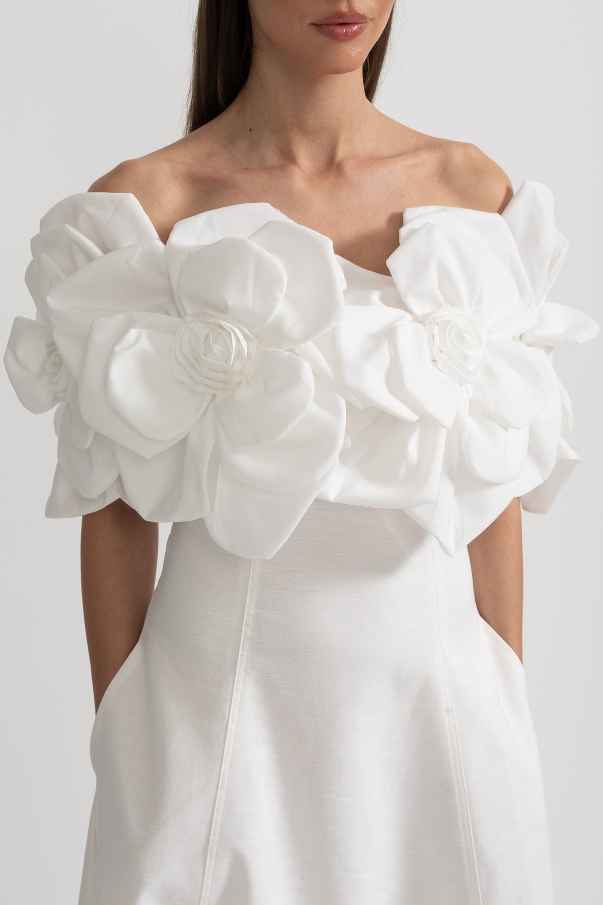 Off-Shoulder Midi Dress With Large Fabric Floral Accents - White