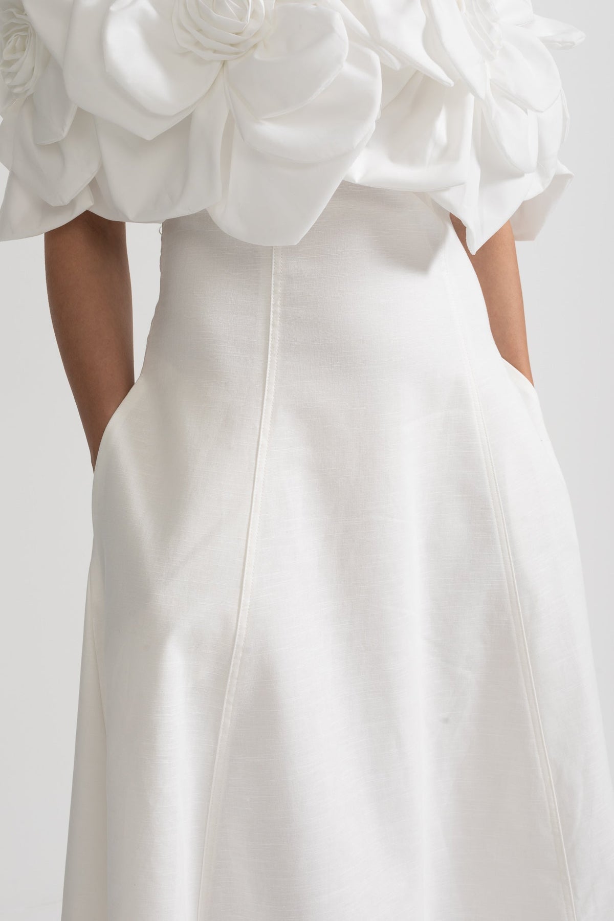 Off-Shoulder Midi Dress With Large Fabric Floral Accents - White