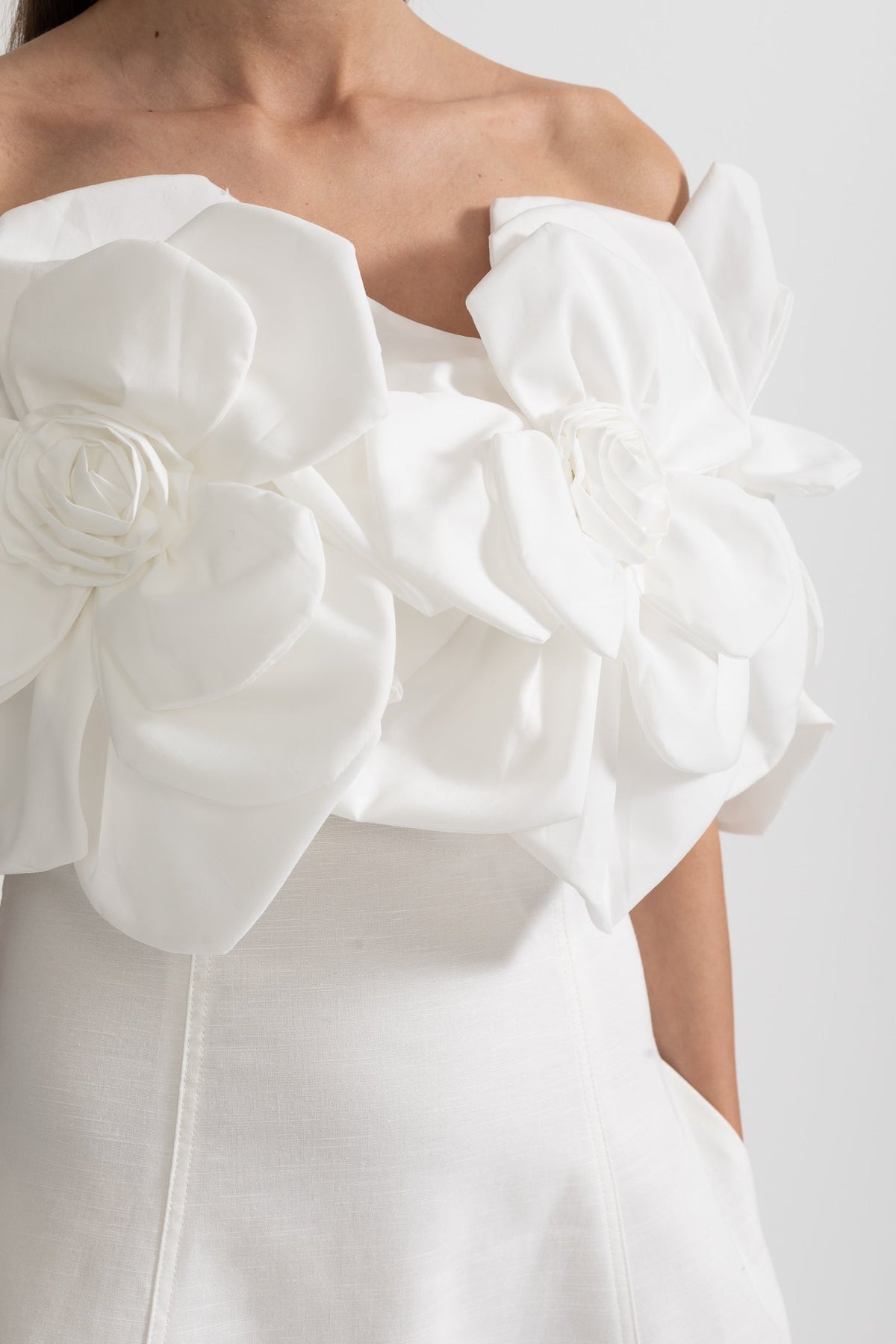 Off-Shoulder Midi Dress With Large Fabric Floral Accents - White