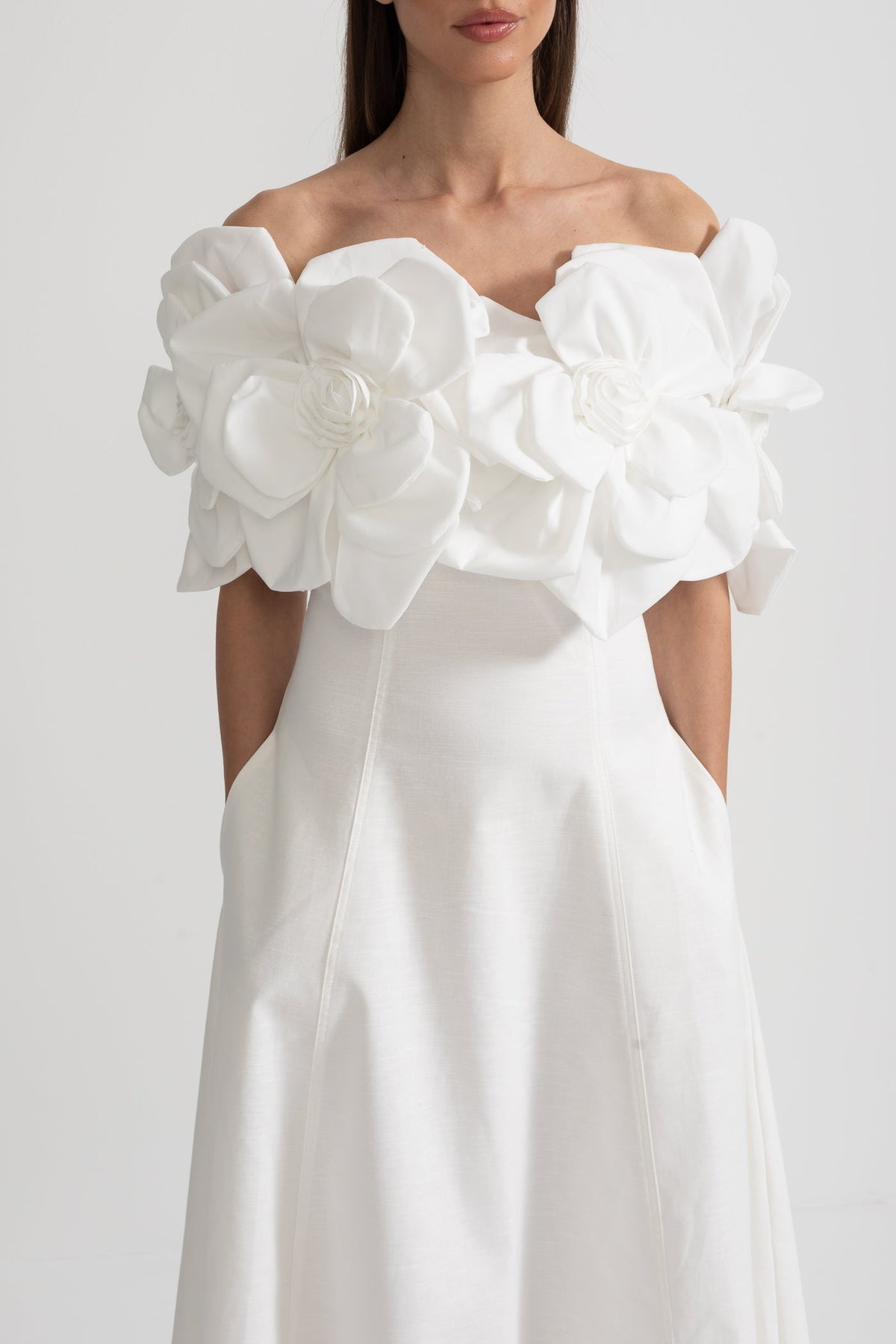 Off-Shoulder Midi Dress With Large Fabric Floral Accents - White