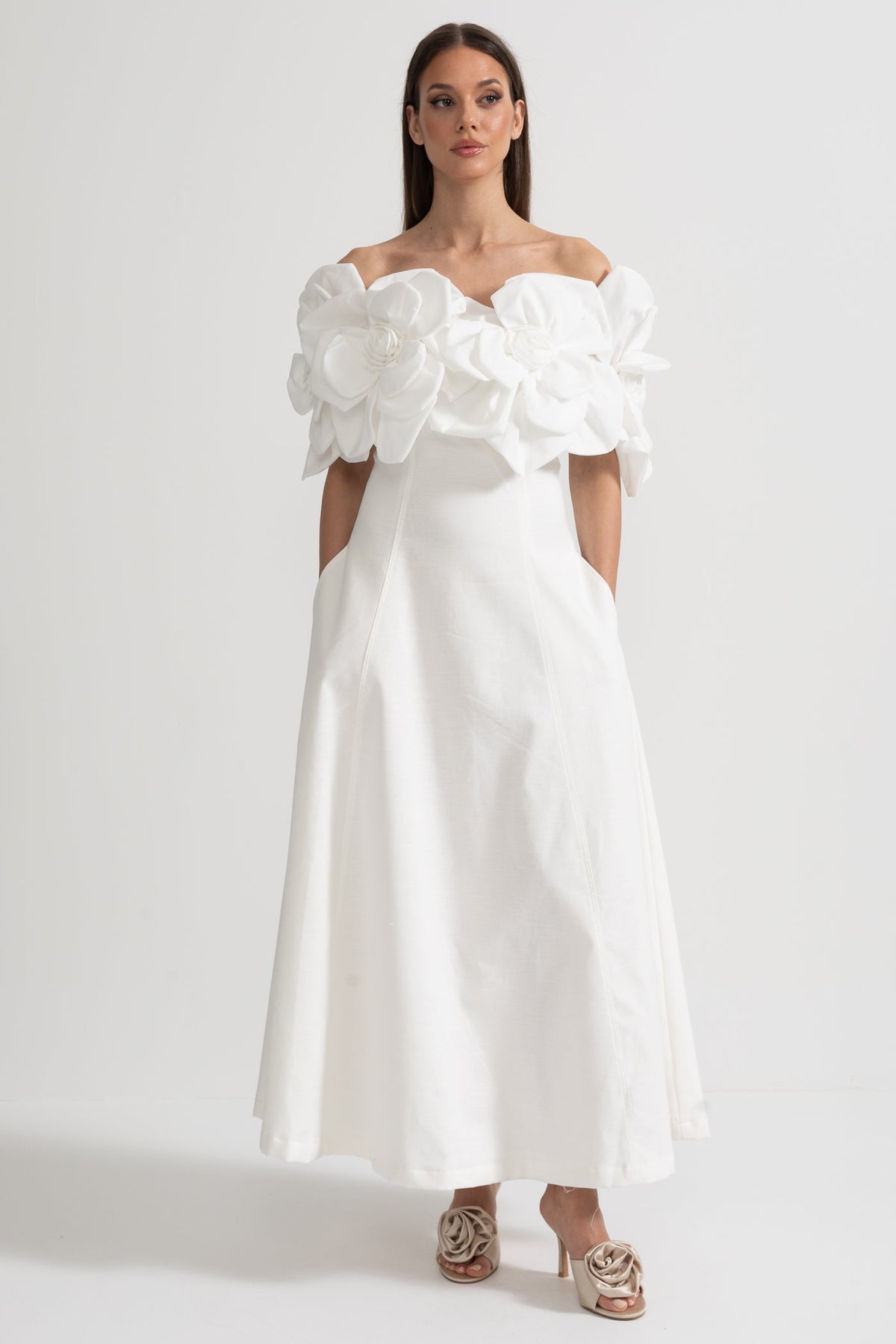 Off-Shoulder Midi Dress With Large Fabric Floral Accents - White