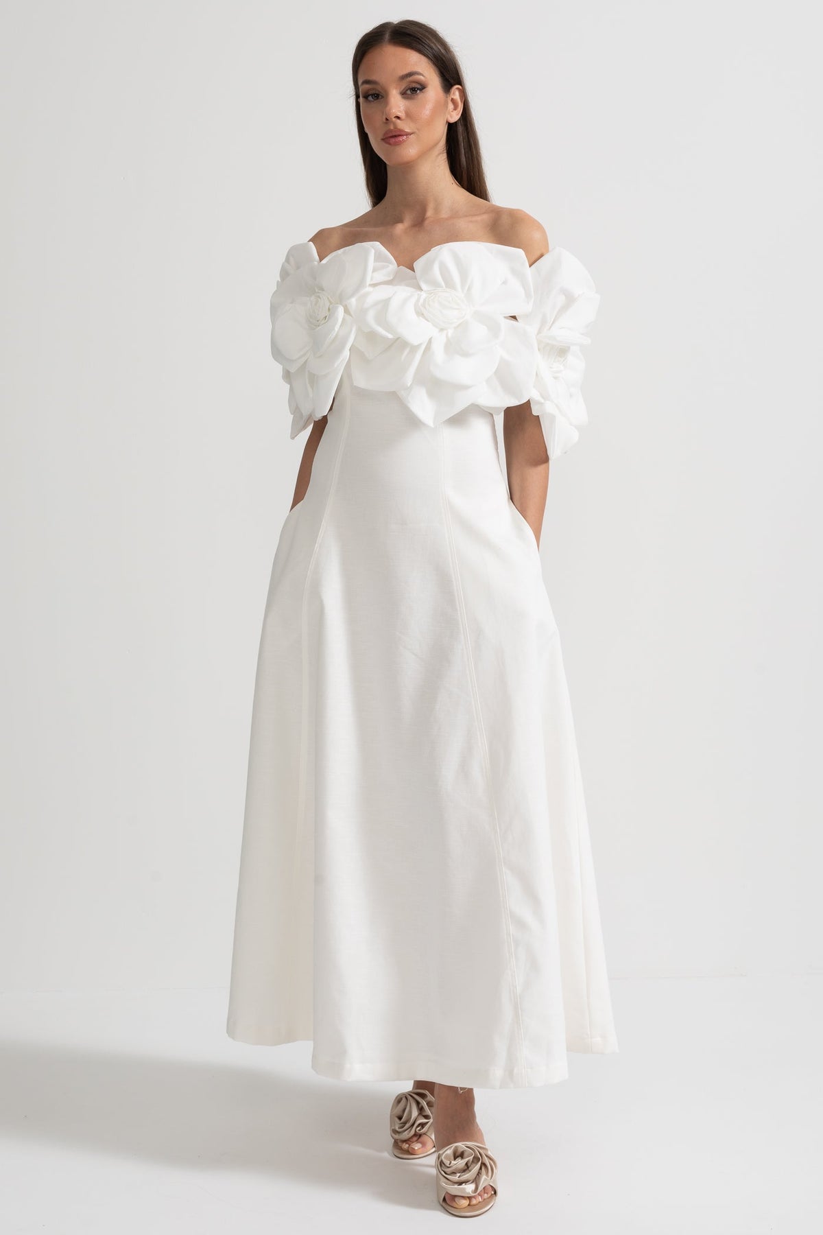 Off-Shoulder Midi Dress With Large Fabric Floral Accents - White