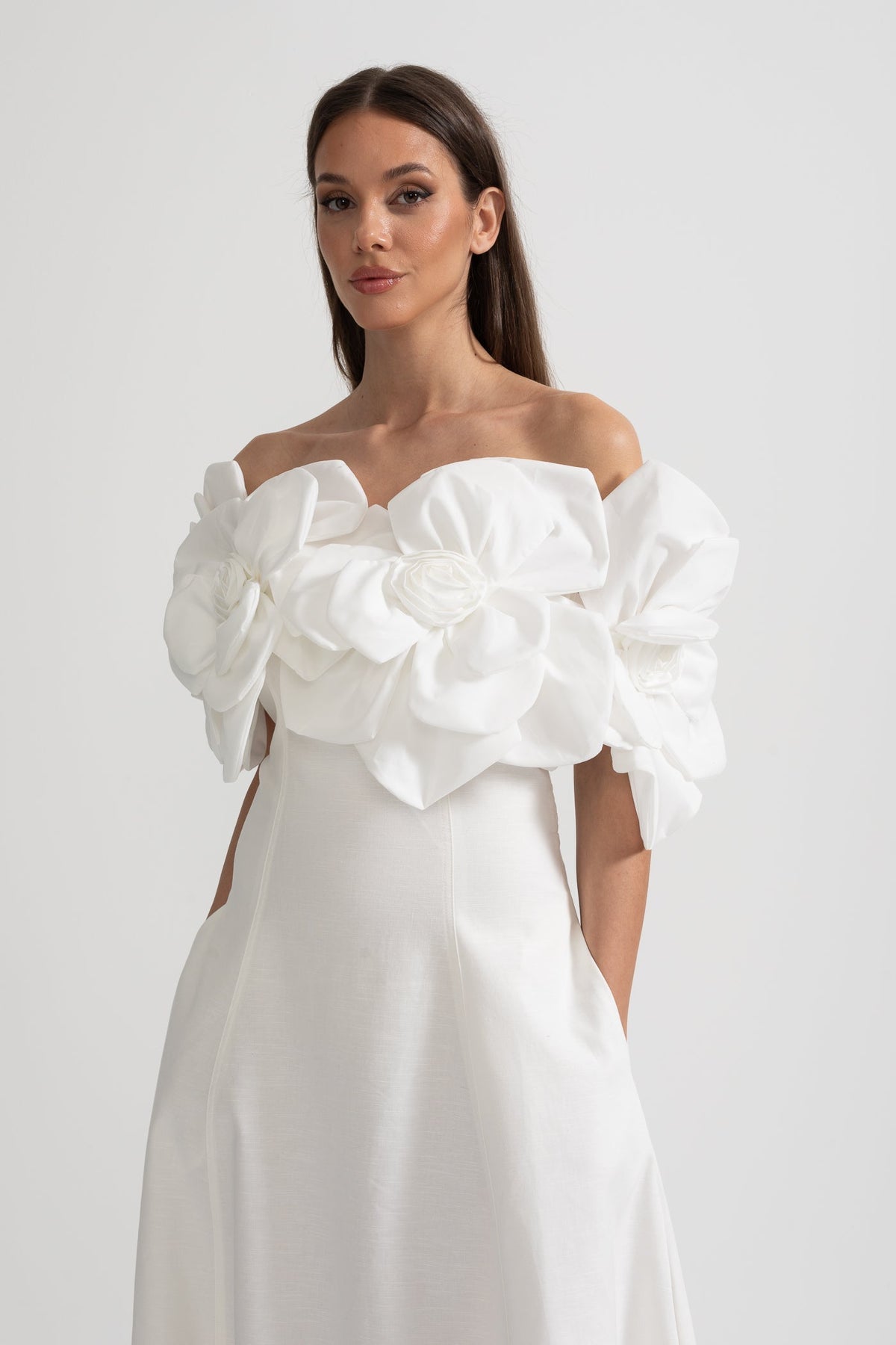 Off-Shoulder Midi Dress With Large Fabric Floral Accents - White