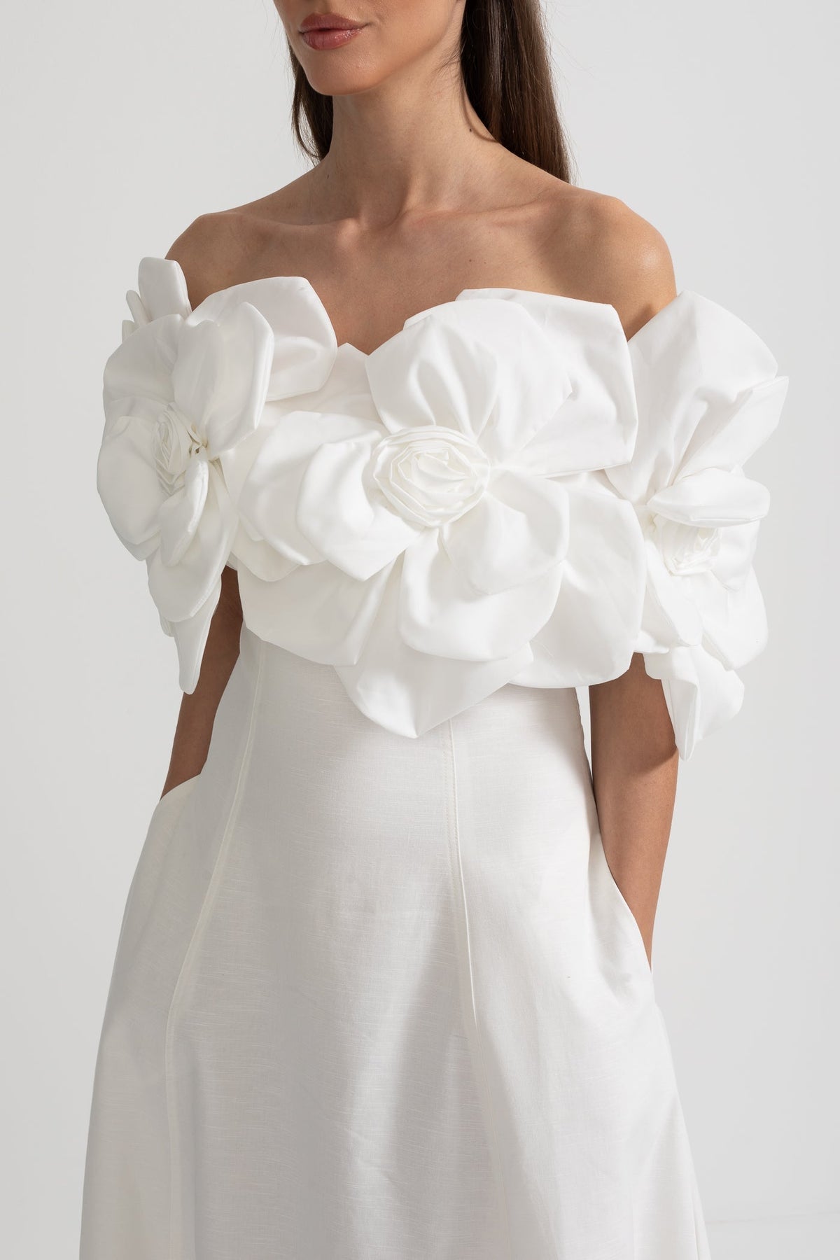 Off-Shoulder Midi Dress With Large Fabric Floral Accents - White