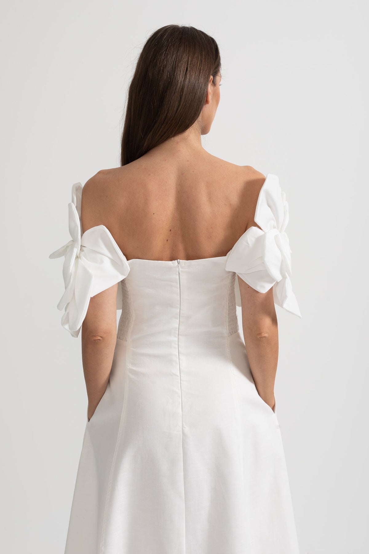 Off-Shoulder Midi Dress With Large Fabric Floral Accents - White