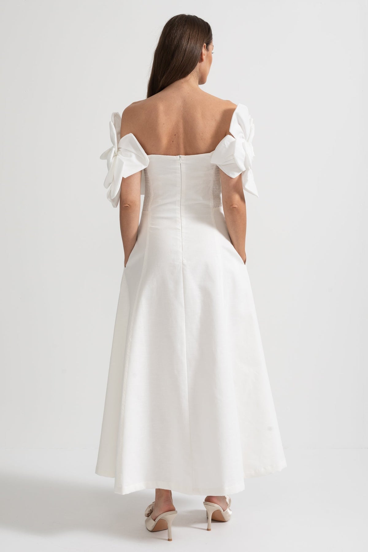 Off-Shoulder Midi Dress With Large Fabric Floral Accents - White
