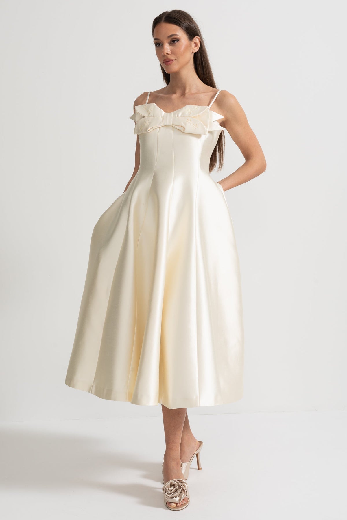 Midi Satin Dress With Fitted Bodice, Delicate Thin Straps And Bow Accent - Ivoire
