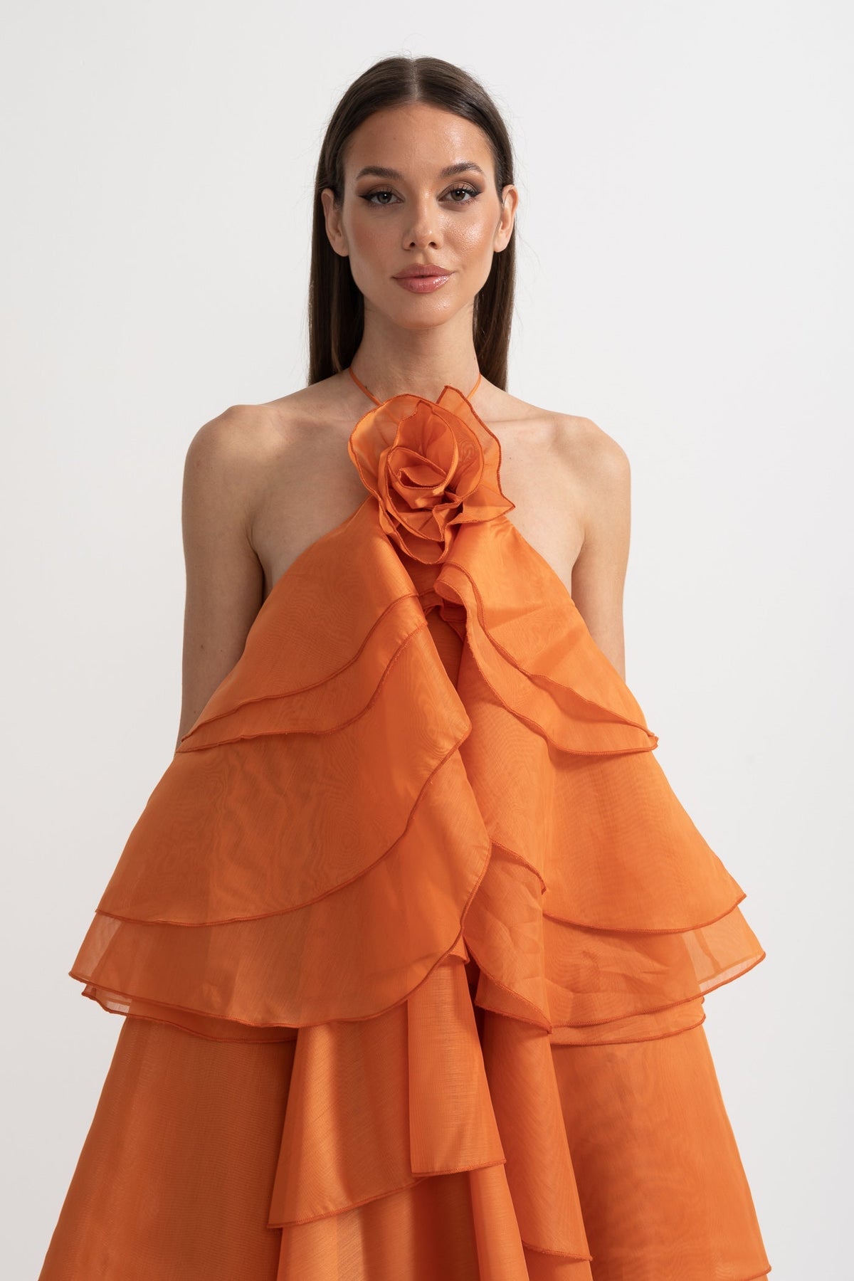 Layered Ruffle Halter Dress With Decorative Neckline Flower - Orange
