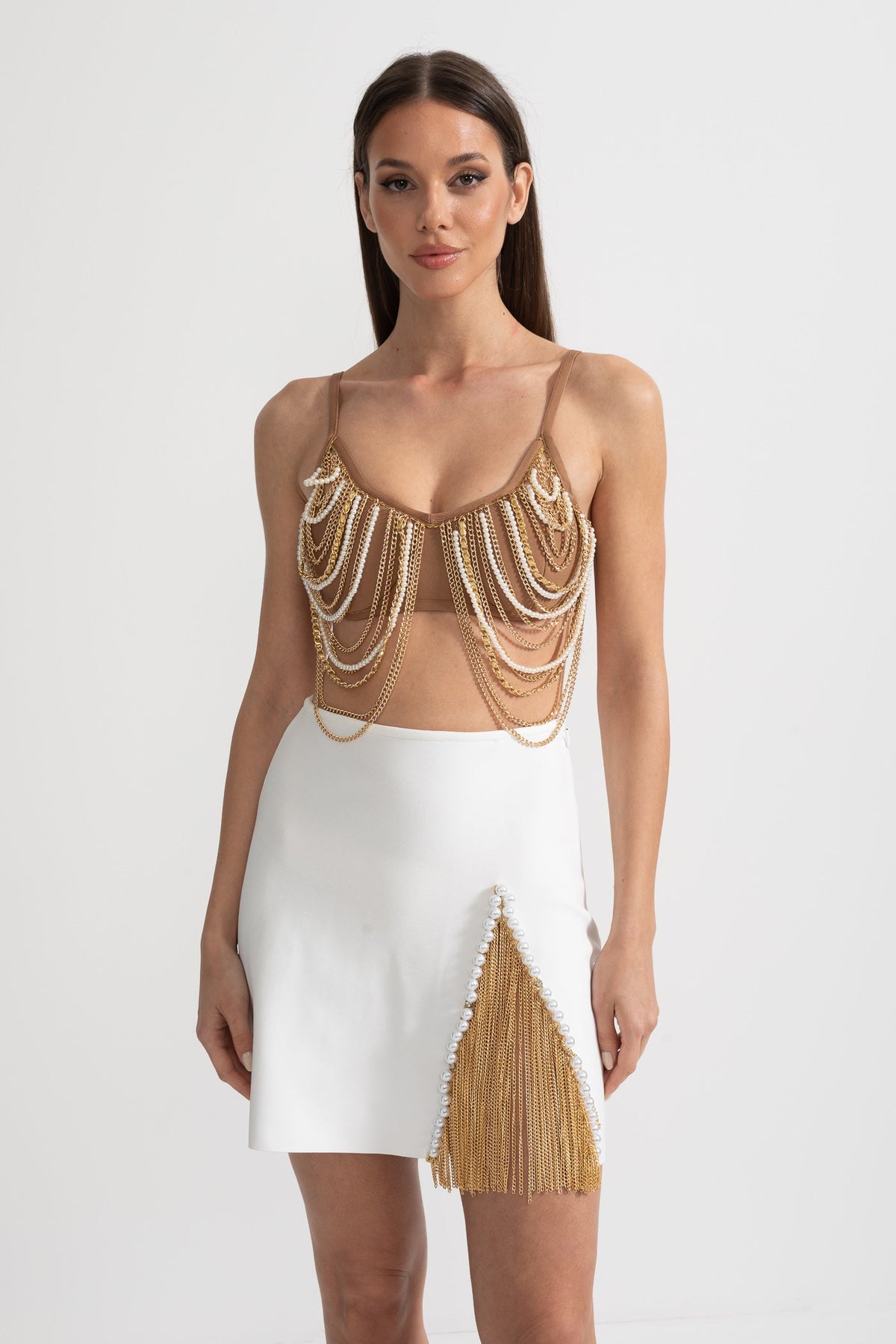 Pearls And Chains Embellished Set With Contrasting Top And Mini Skirt - Gold/White